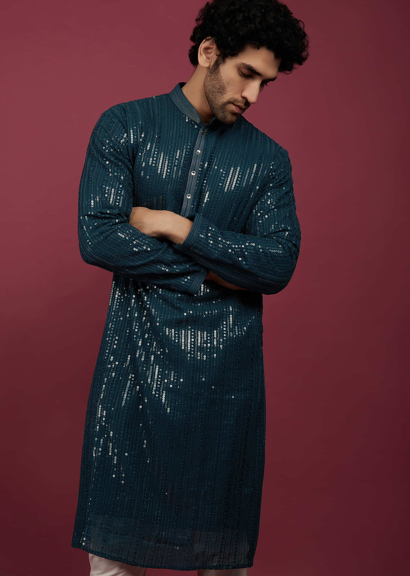 Blue Coral  Silk Embroidered Kurta Set In Sequins And Thread Work