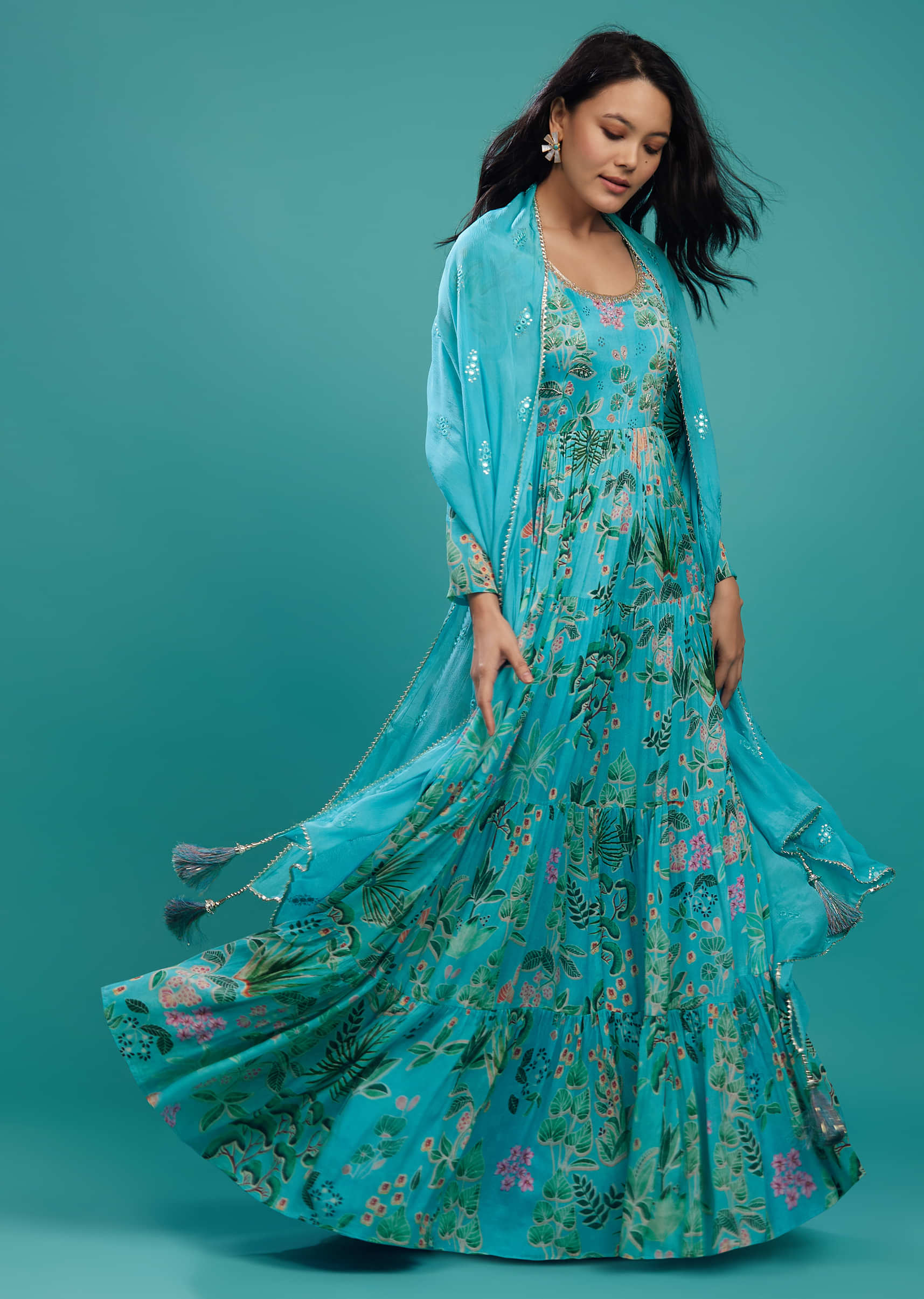 Blue Curacao Chinon Tiered Floral Anarkali Suit