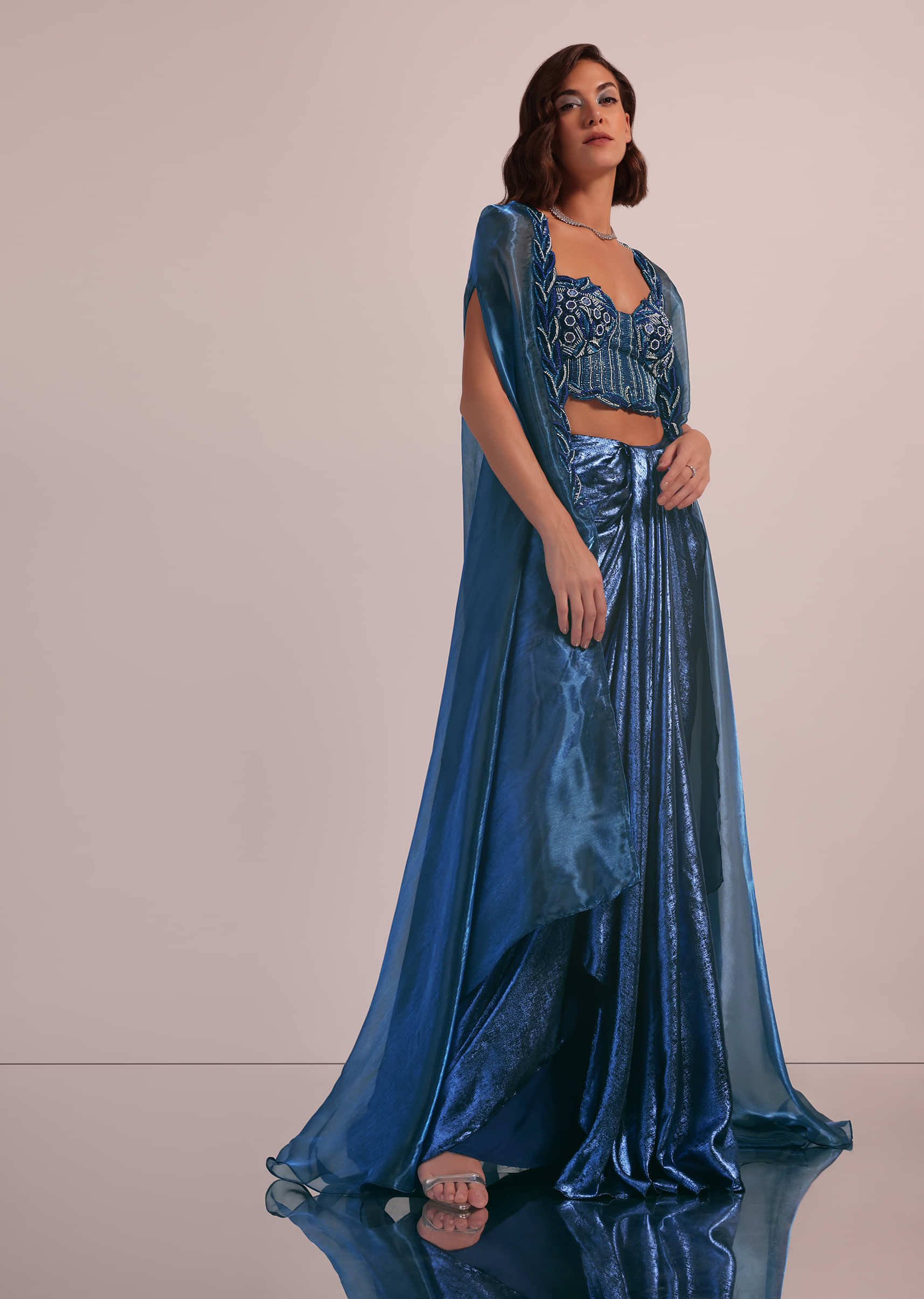 Blue Drape Skirt And Blouse Set In Shimmer With Hand Work