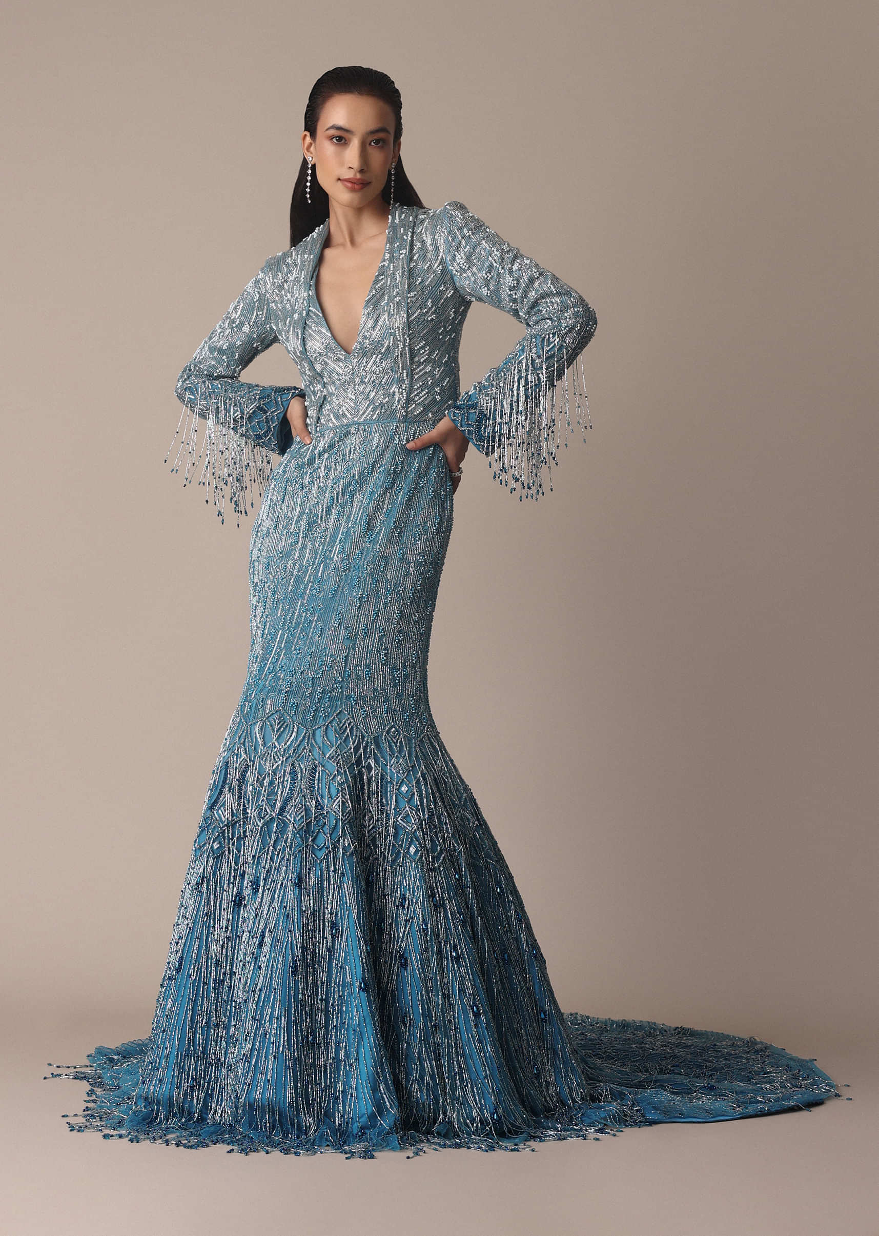 Blue Fish Cut Ombre Trail Embroidered Gown 