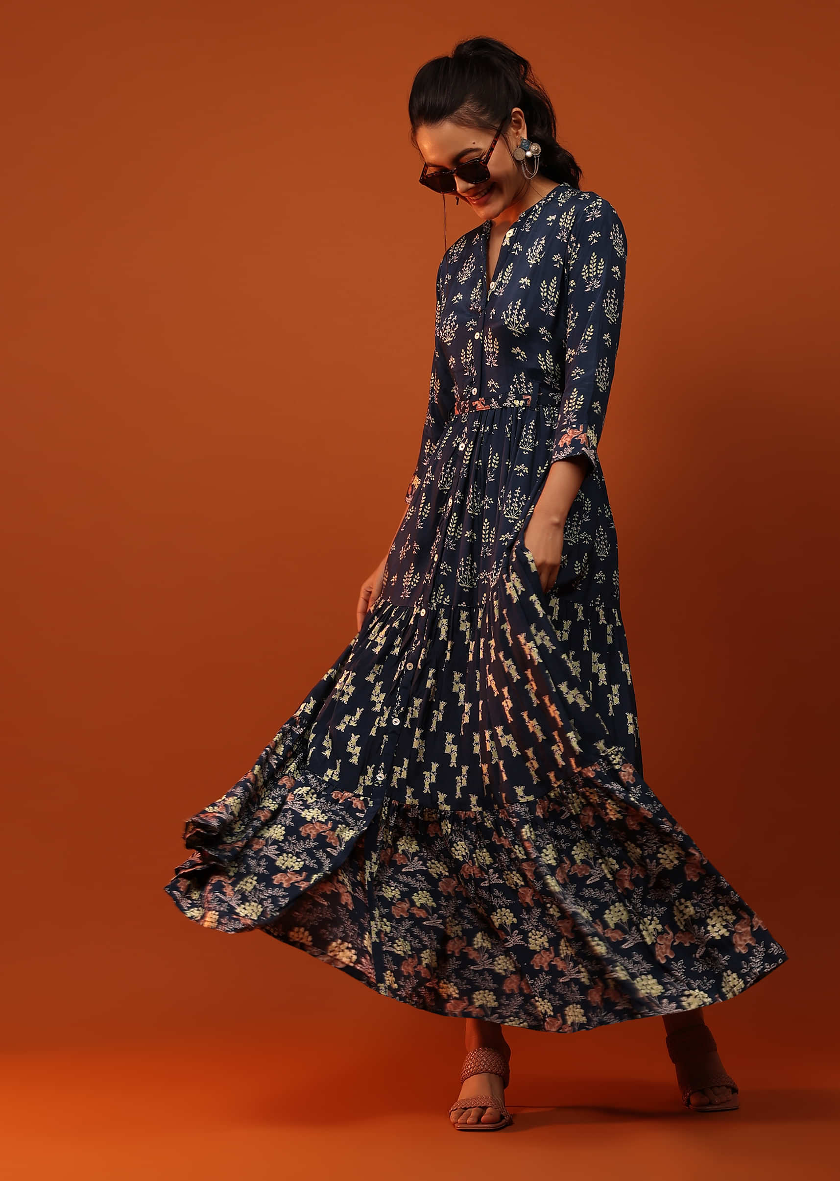 Blue Dress With Geometric Design And Butti Work