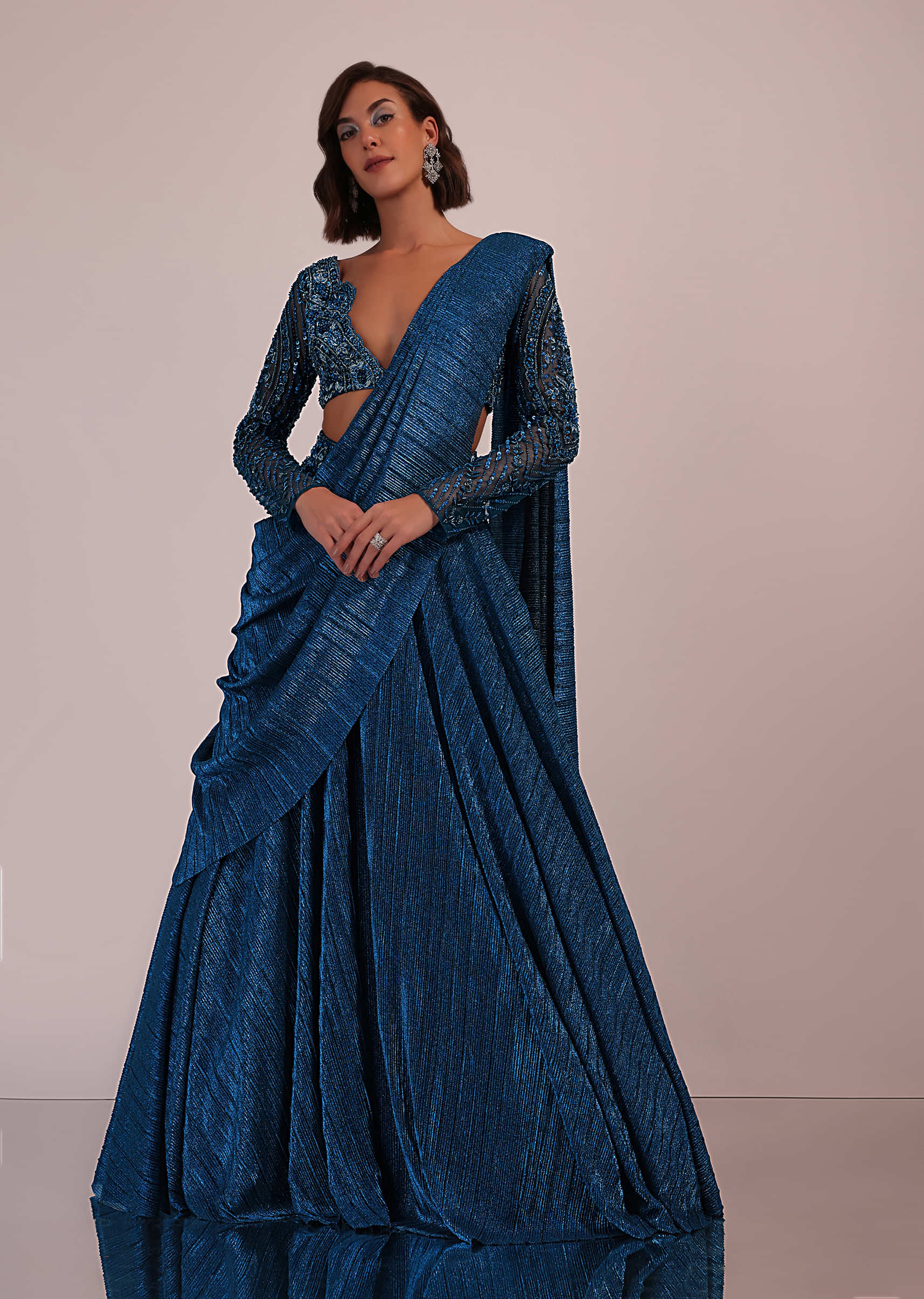 Blue Embroidered Bridesmaid Drape Saree And Blouse Set In Crushed Shimmer