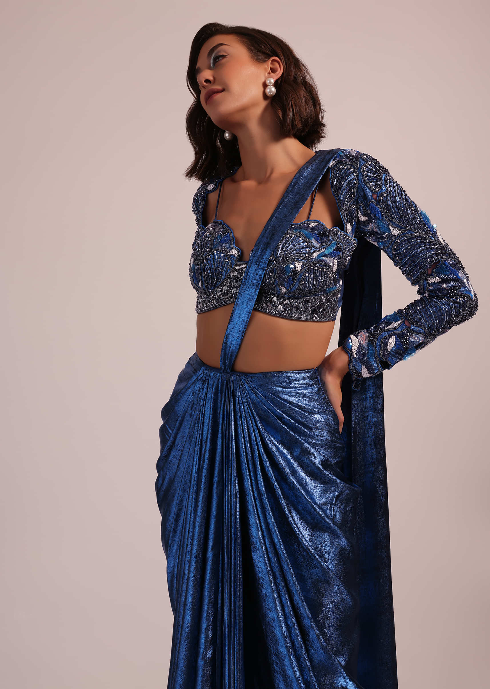Blue Embroidered Drape Skirt And Blouse Set With Jacket In Polyester