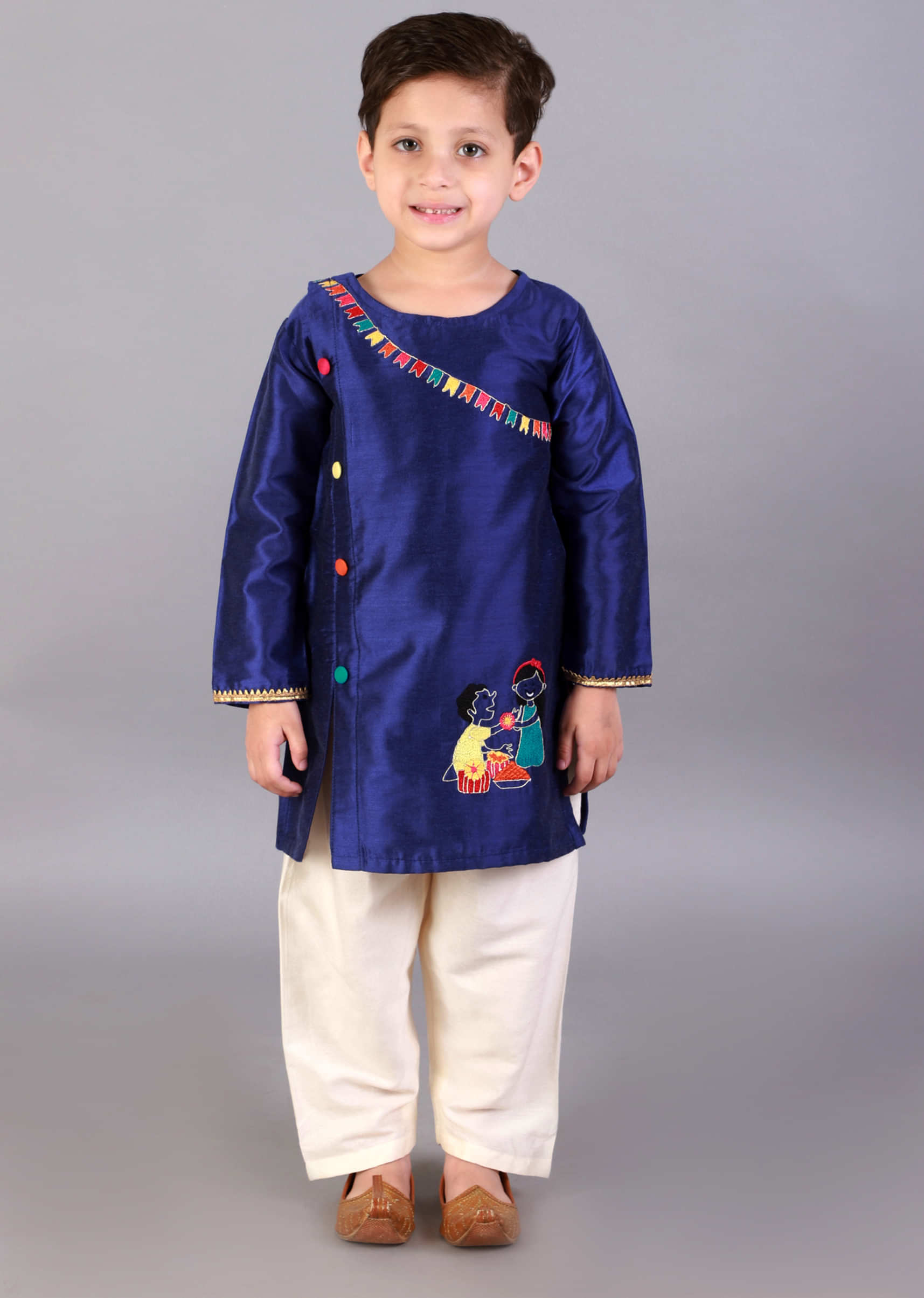 Kalki Boys Blue Embroidered Kurta Set In Cotton Silk With Colorful Buttons