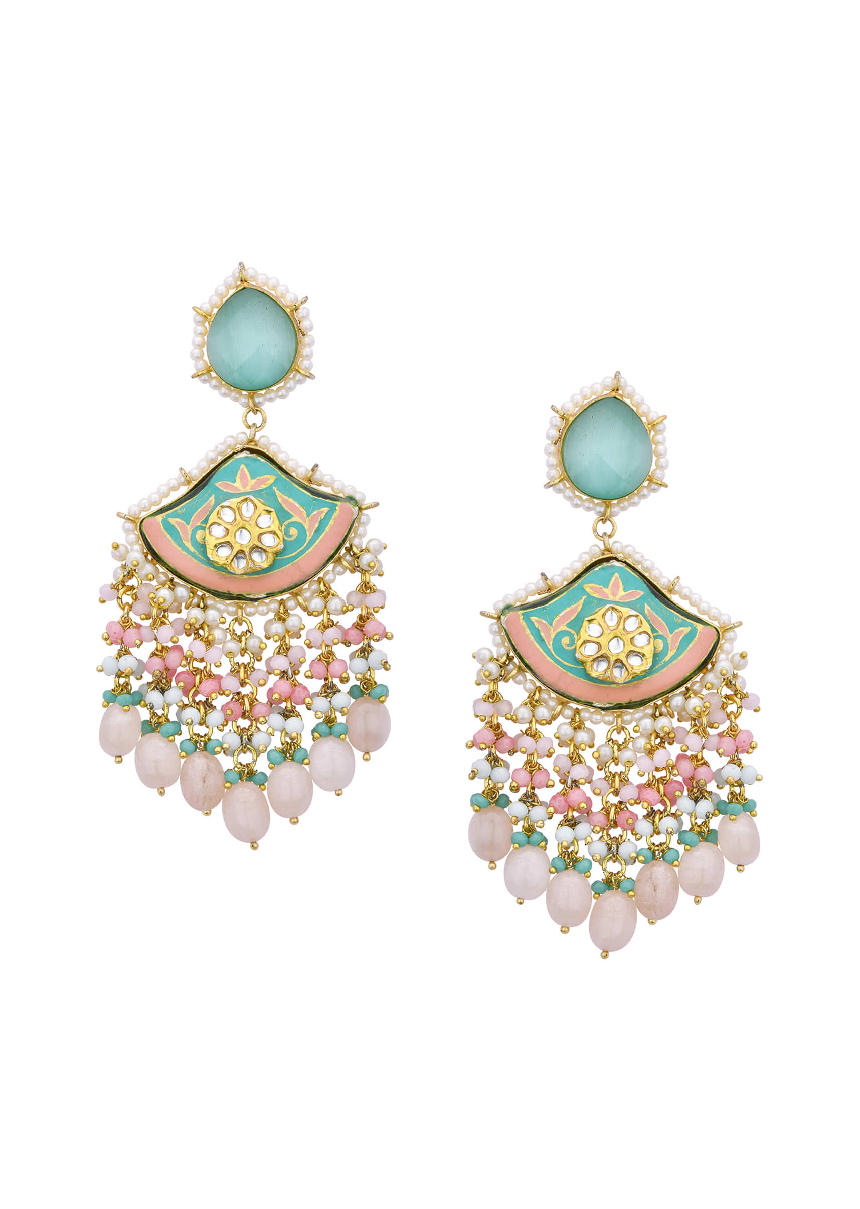 Buy Blue Enameled Danglers With Pink Bead Drops And Kundan