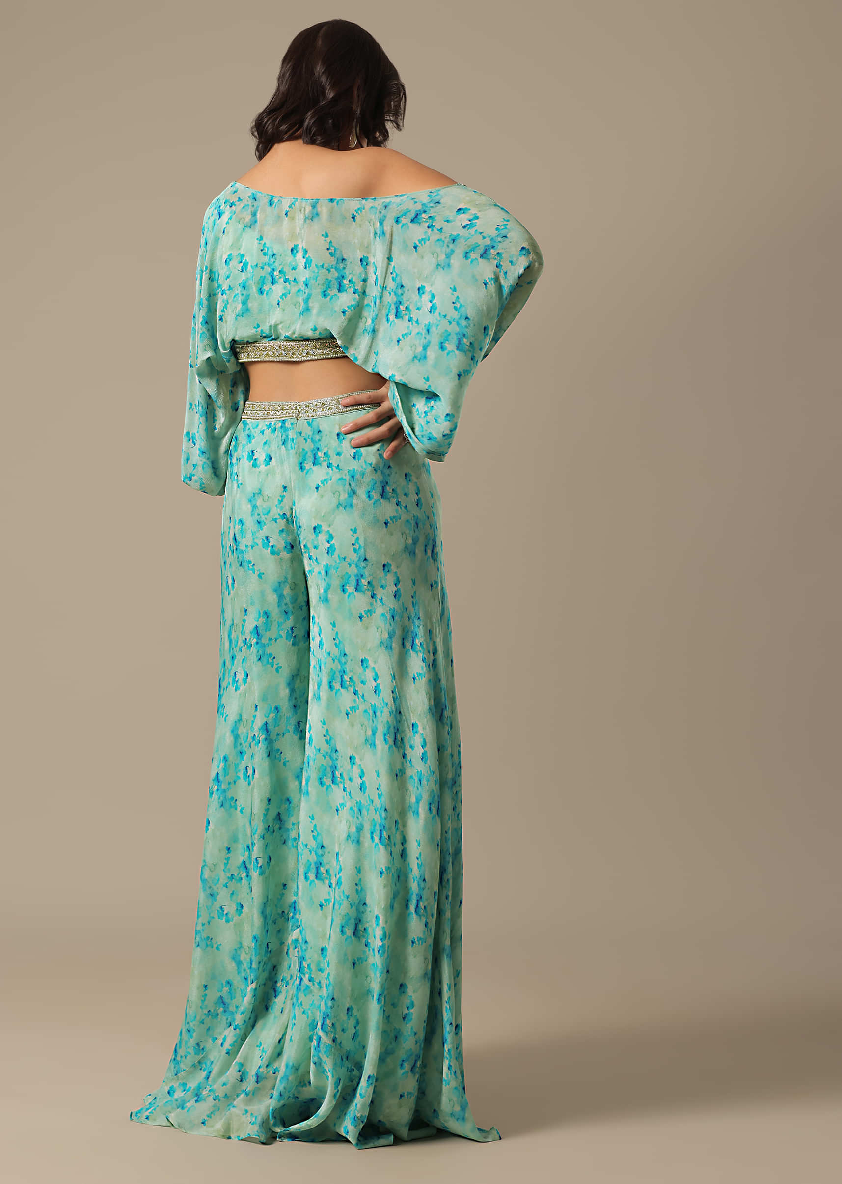 Buy Blue Floral Print Crop Top And Palazzo Set