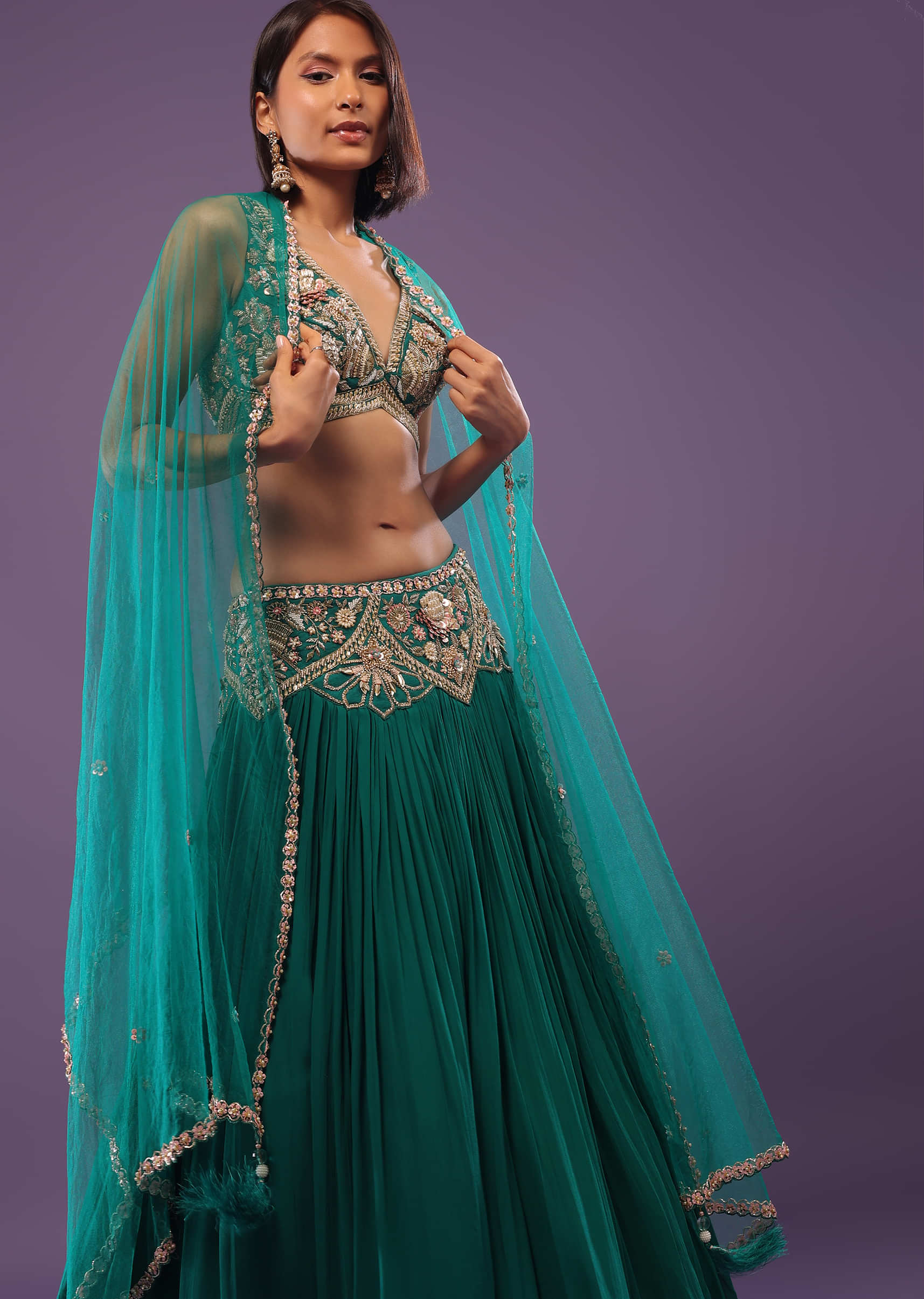 Buy Emerald Green Georgette Lehenga & Crop Top Set with Embroidery