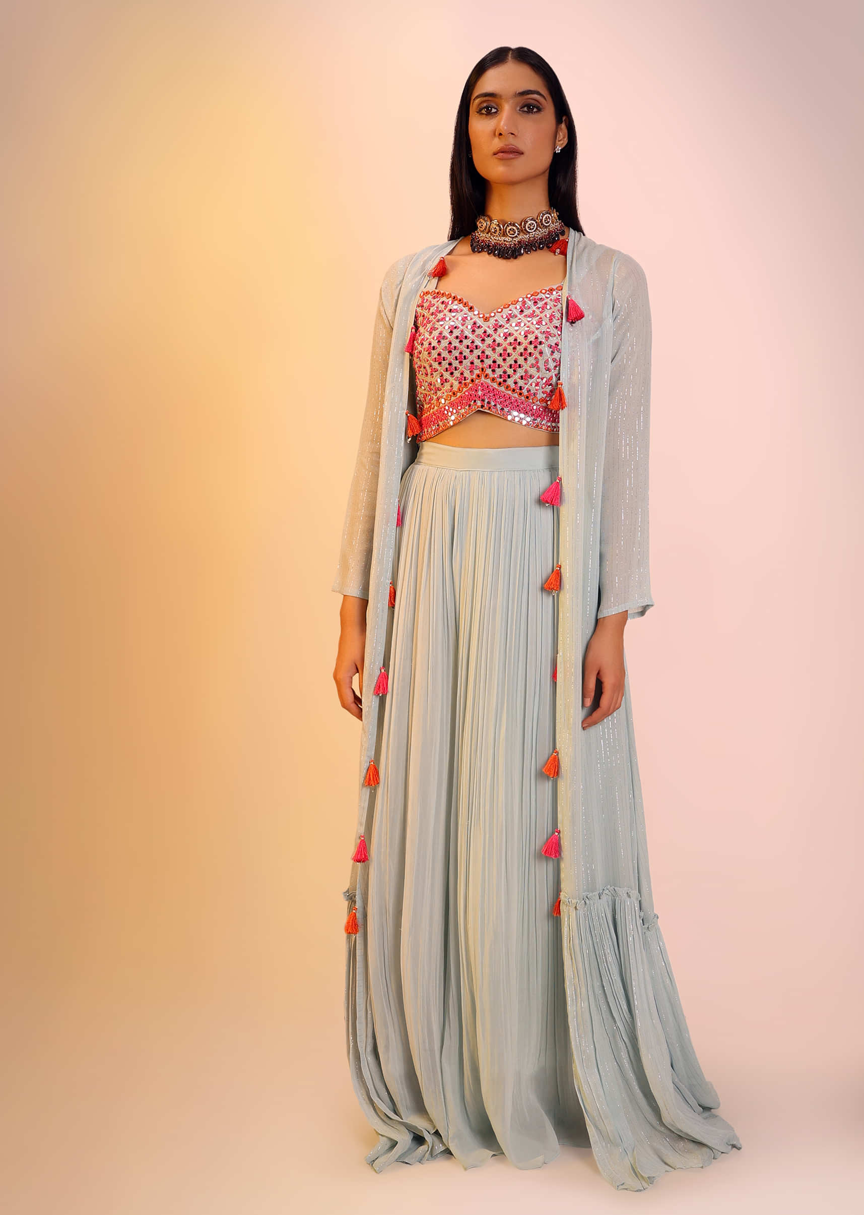 Blue Haze Palazzo And Crop Top Suit With Mirror Abla And Resham Work And Long Jacket