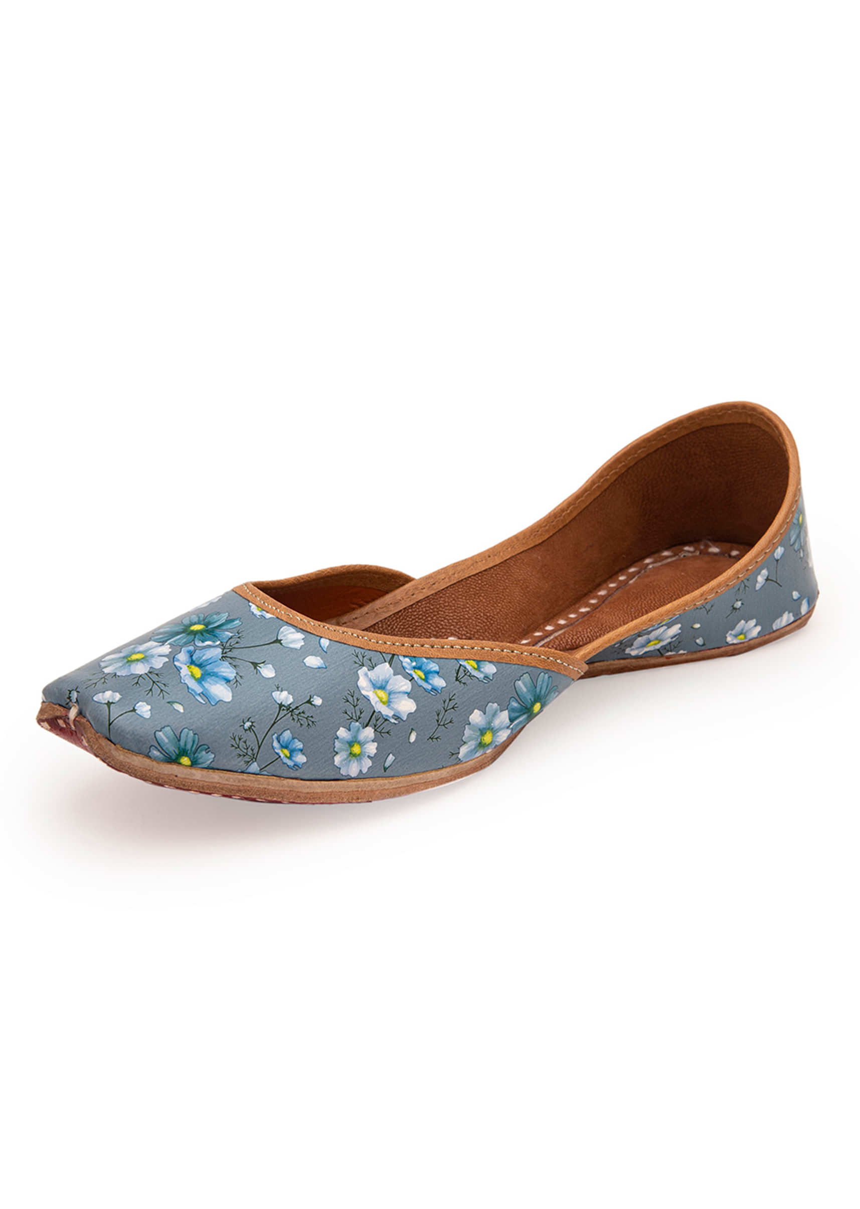 Blue Juttis In Floral Theme With Digital Floral Print In Leather