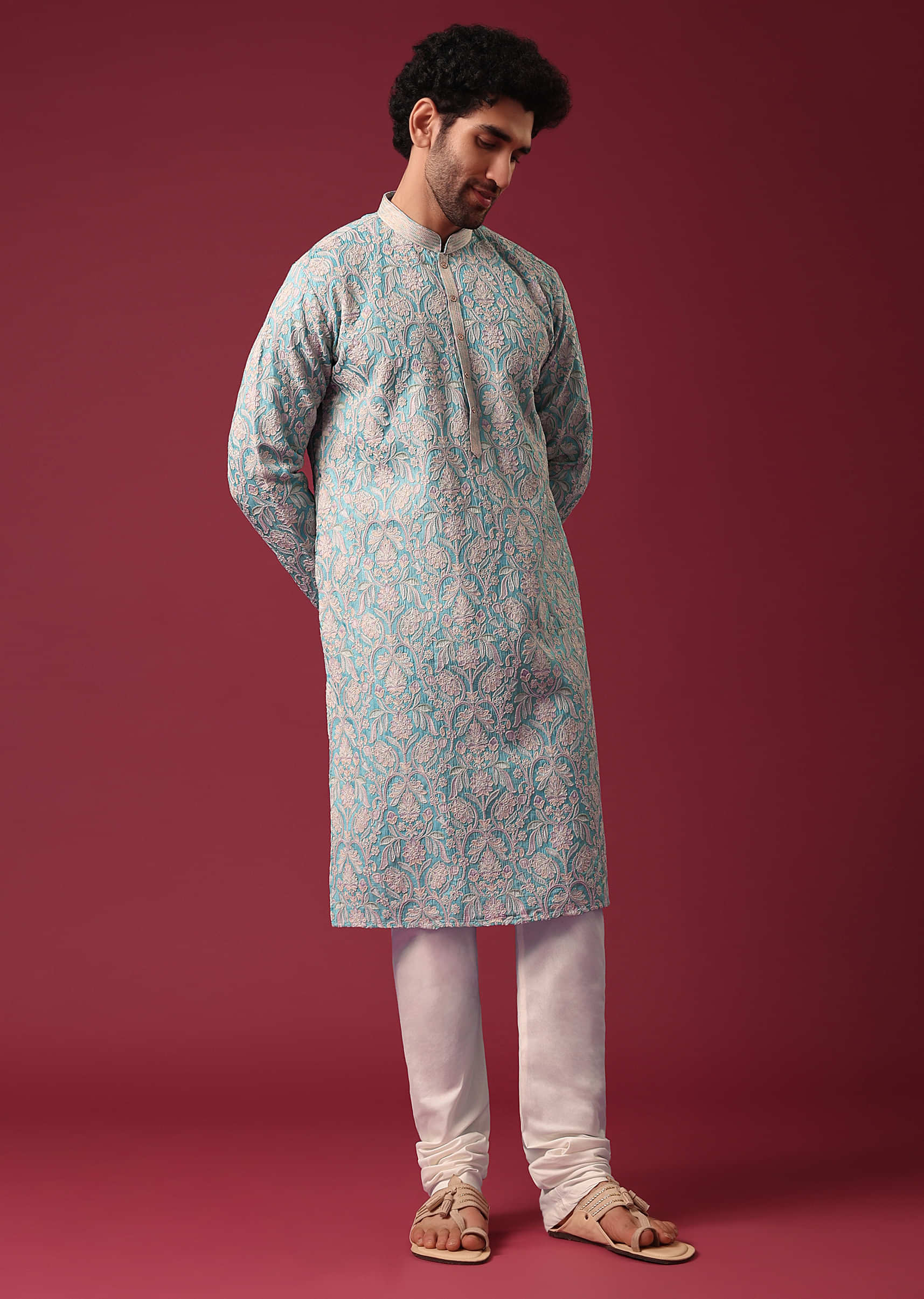 Buy Blue Kurta Set In Silk with Floral Embroidery