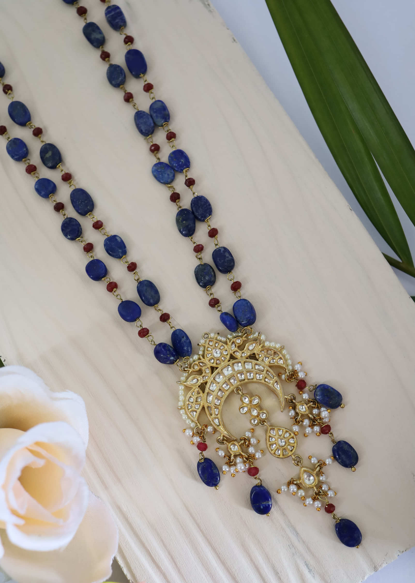 Blue Lapis Stone Necklace With Small Ruby Stones, Kundan Pendant And Pearls By Paisley Pop