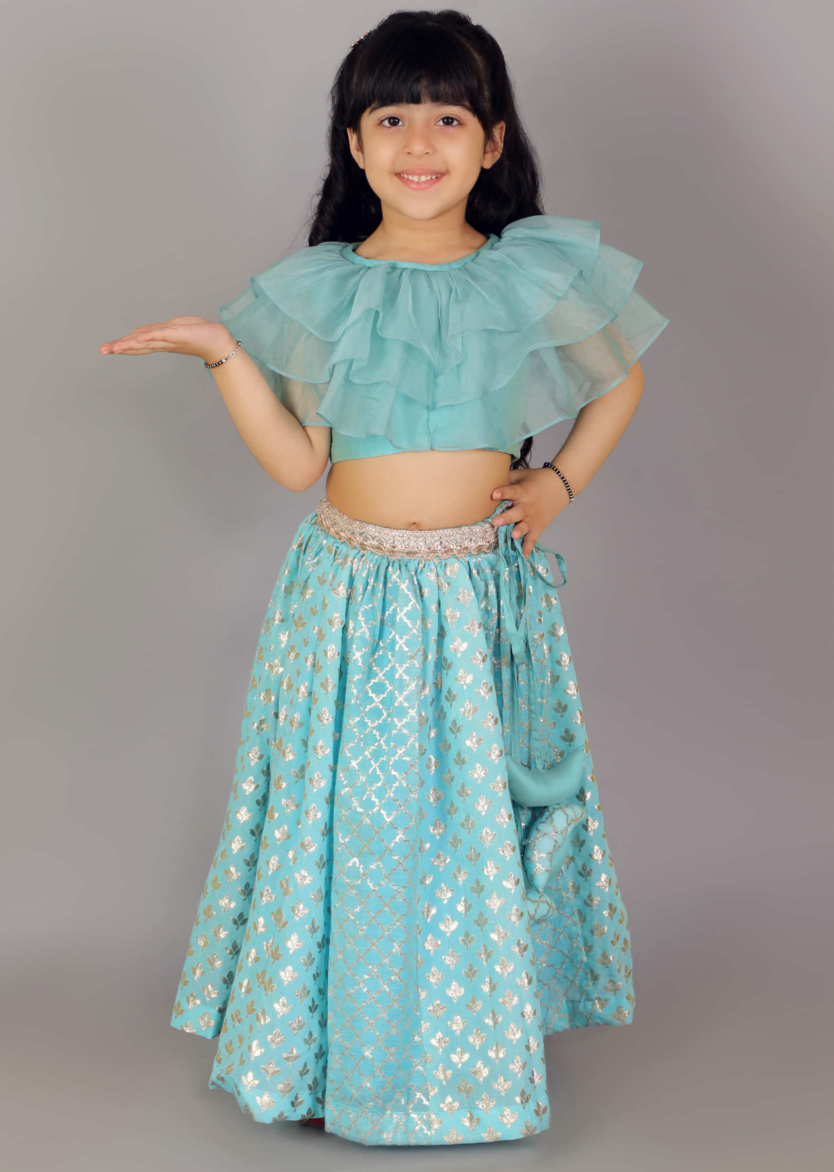 Buy Pink Organza Frill Top and Yellow Embroidery Lehenga for Girls Online-sgquangbinhtourist.com.vn