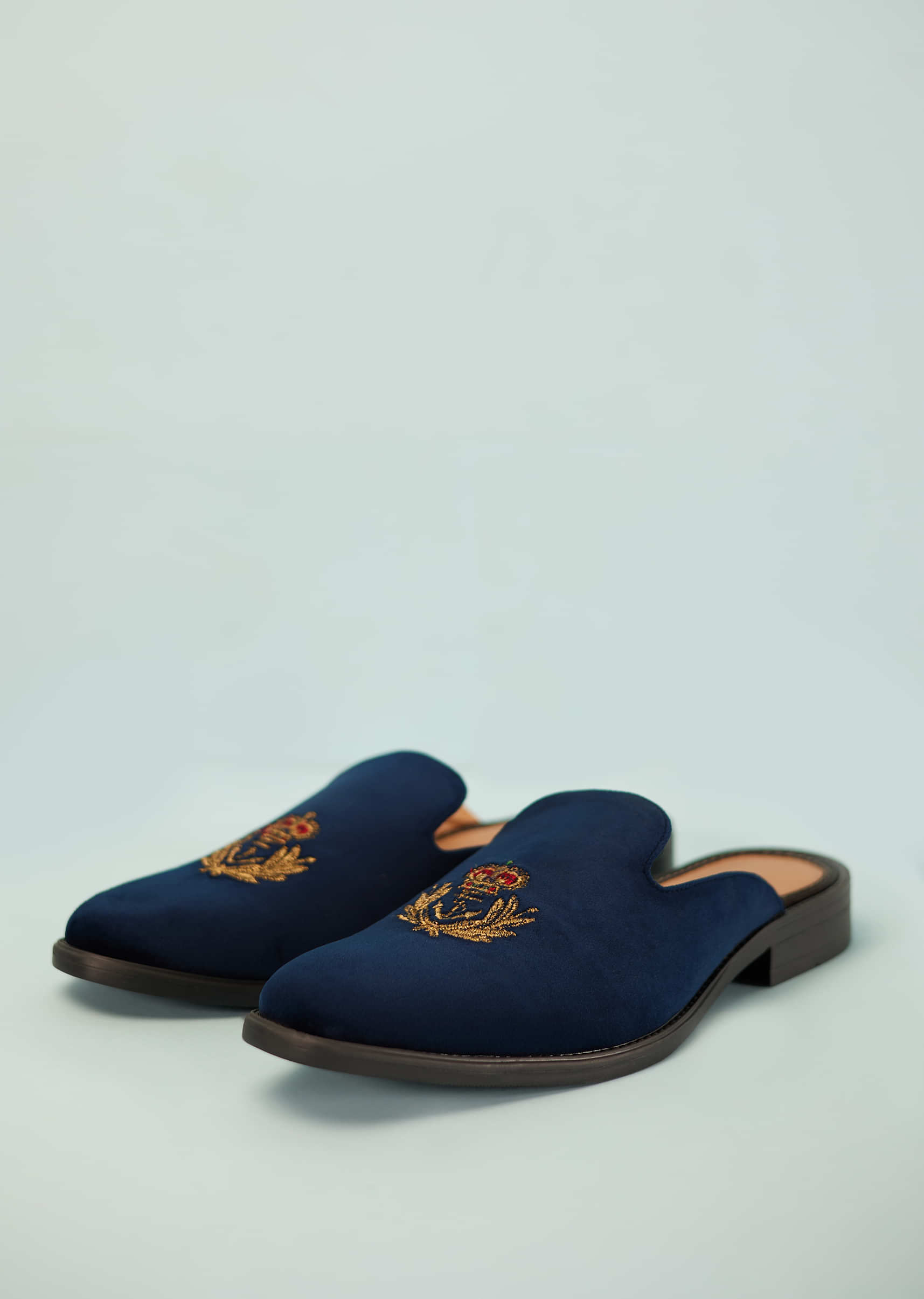 Blue Mules For Men In Suede With Embroidery
