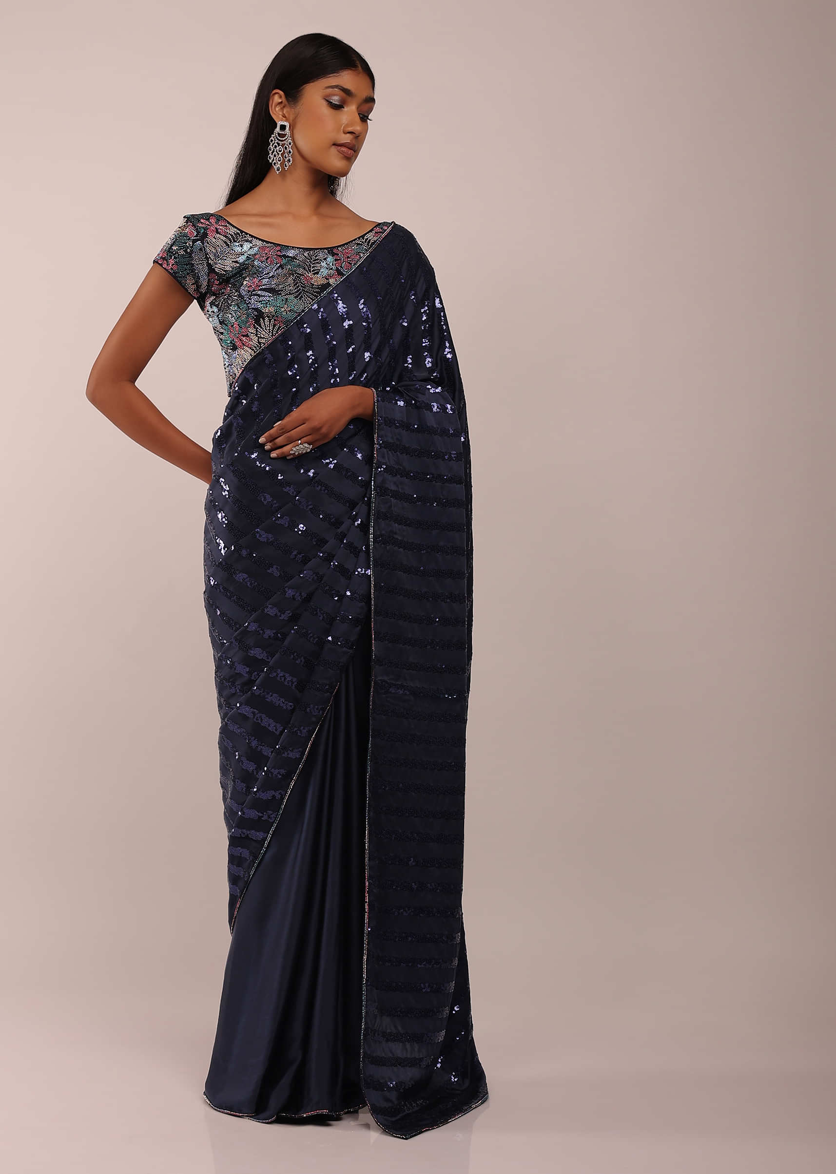 Blue Night Satin Saree In Multi Color Beads Embellishment With Sequins In Thin Striped On The Pallu Border