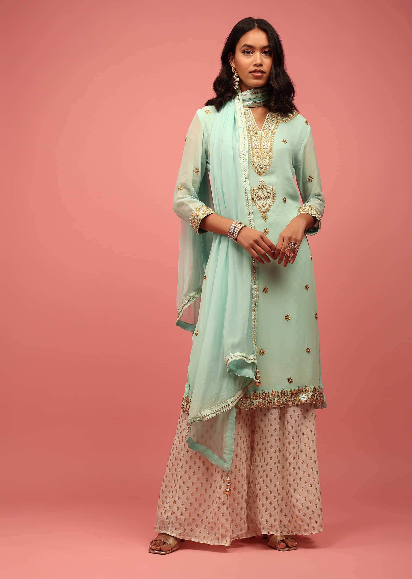 Powder Blue Palazzo Suit Set Handcrafted In Georgette And Premium Gotta Work