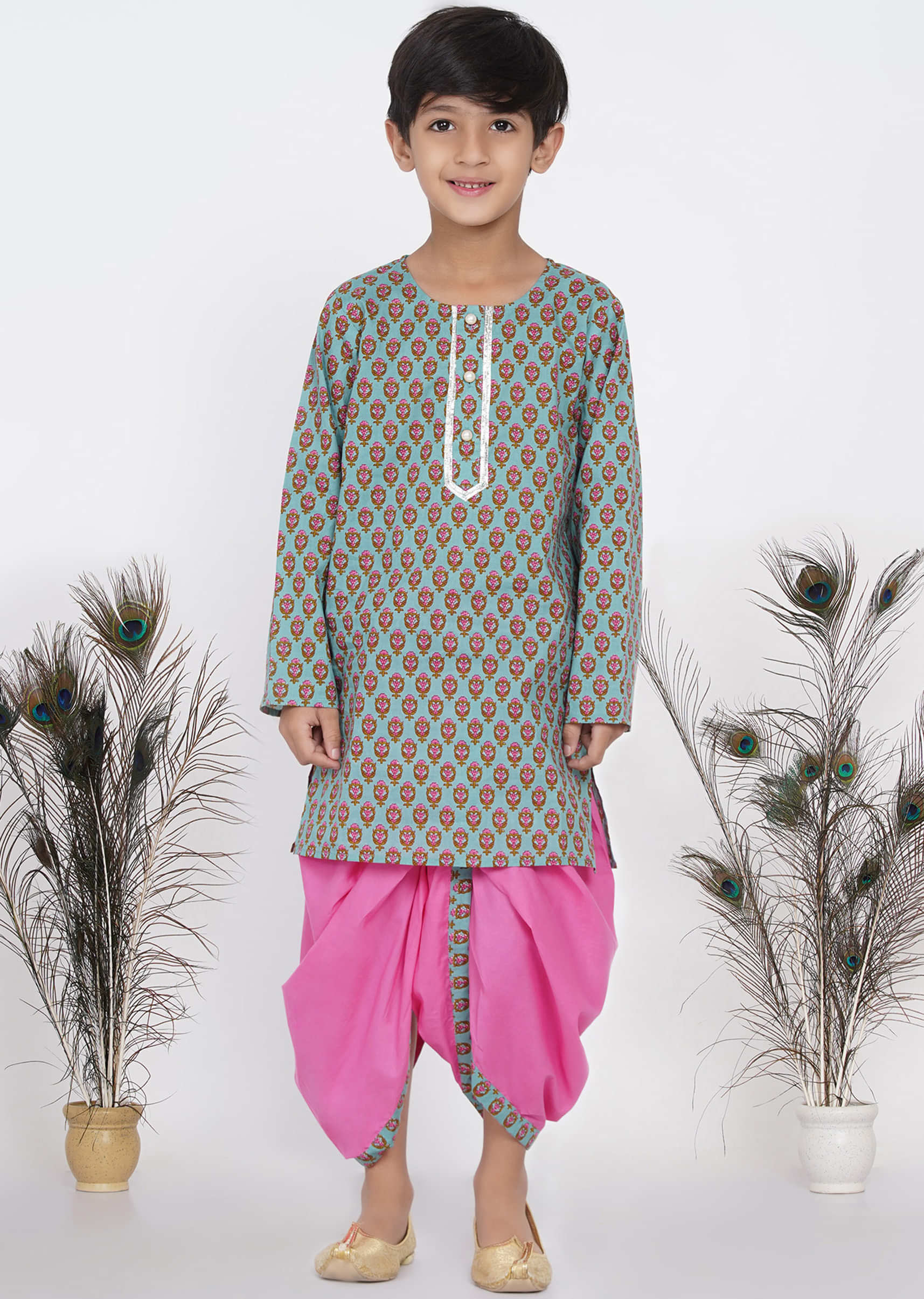 Kalki Blue & Pink Dhoti Kurta Set For Boys In Cotton With Floral Print