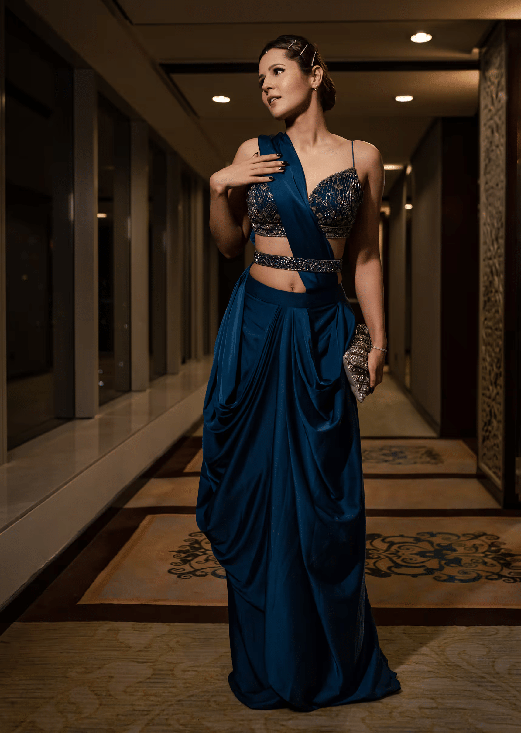 Blue Pre-Pleated Satin Saree With Embroidered Blouse And Belt