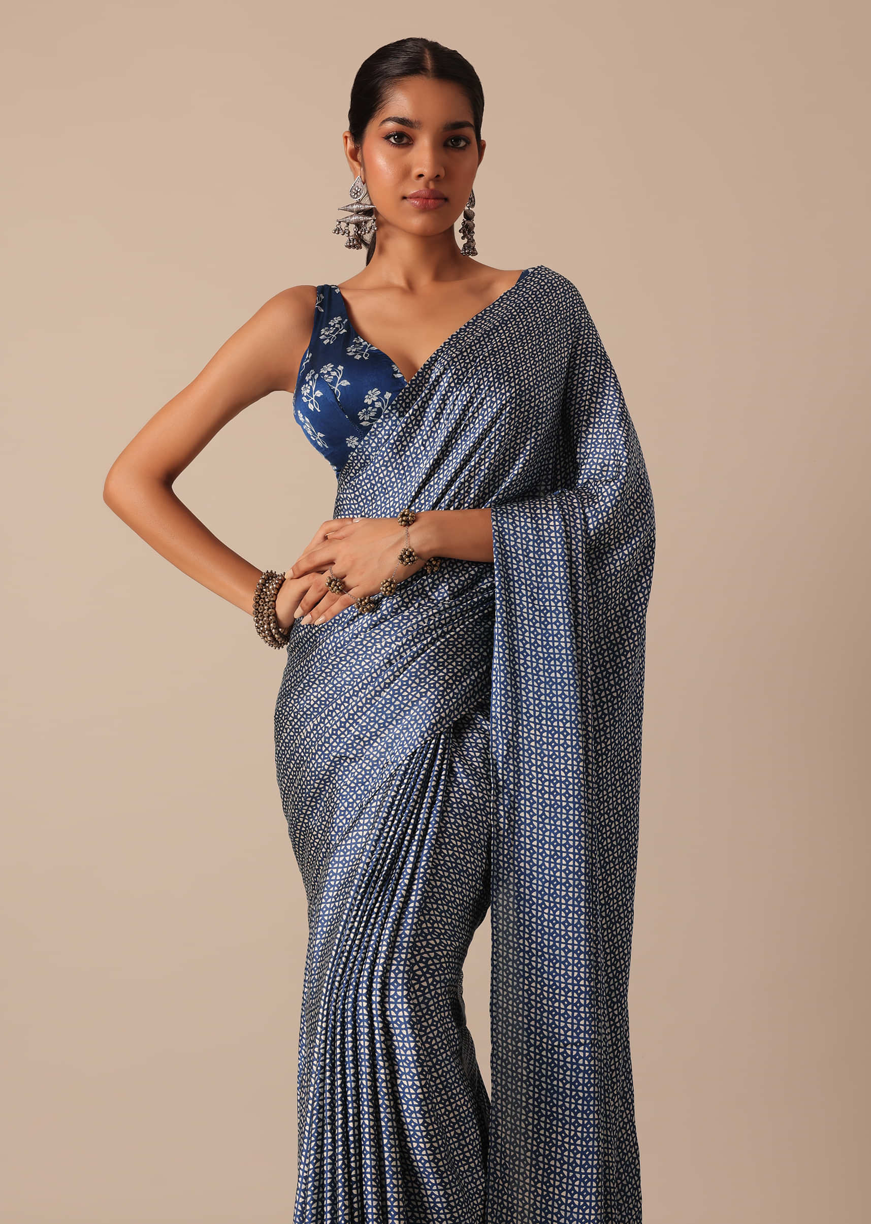 Buy Blue Printed Saree In Satin With Unstitched Blouse Piece