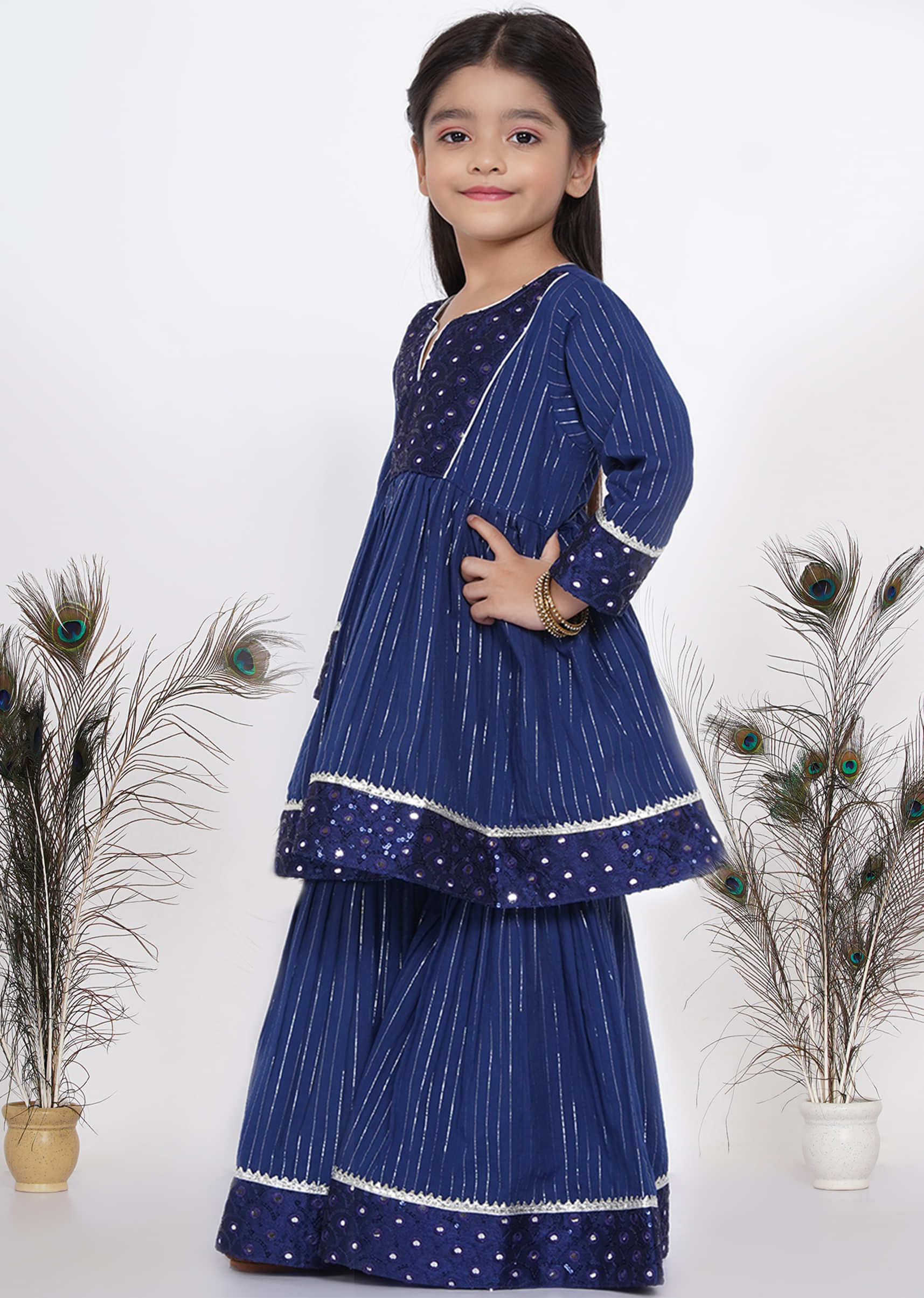 Kalki Indigo Blue Sharara Suit For Girls In Cotton With Embroidery In Mirror And White Dupatta