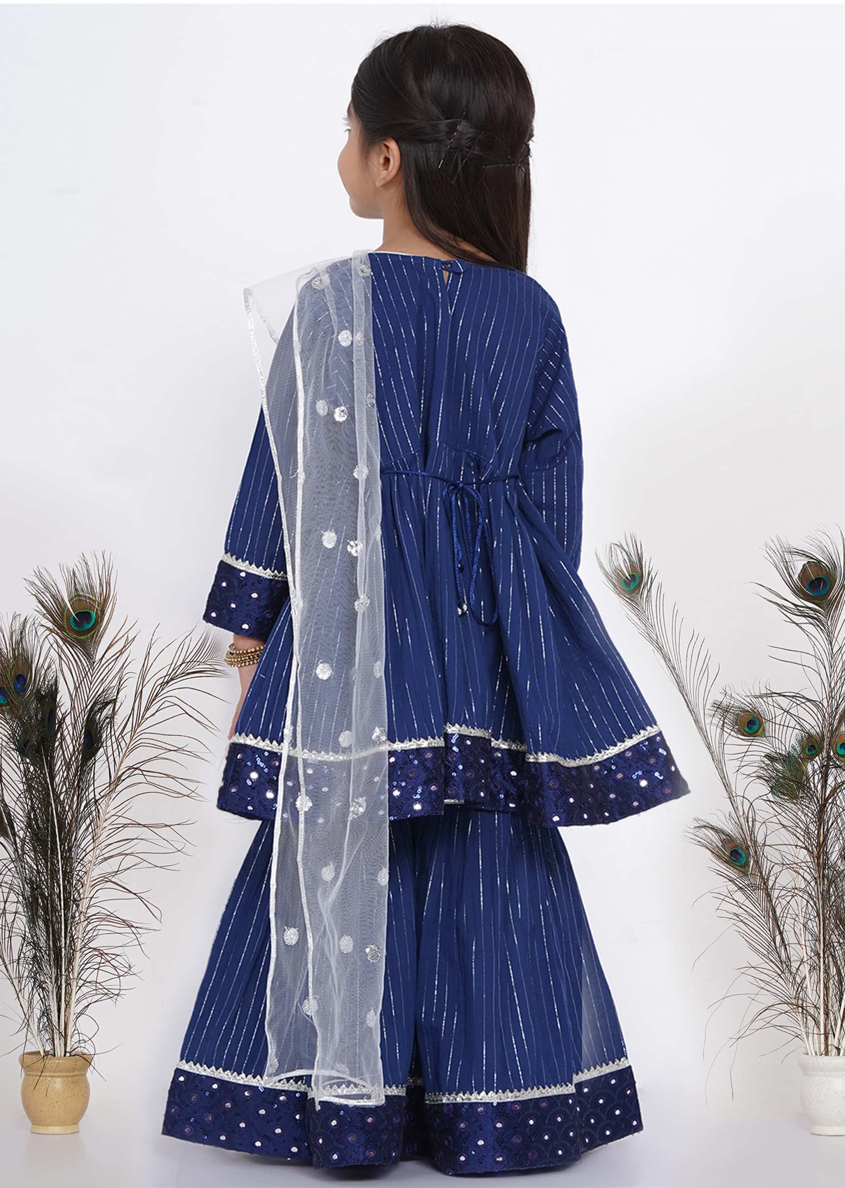 Kalki Indigo Blue Sharara Suit For Girls In Cotton With Embroidery In Mirror And White Dupatta