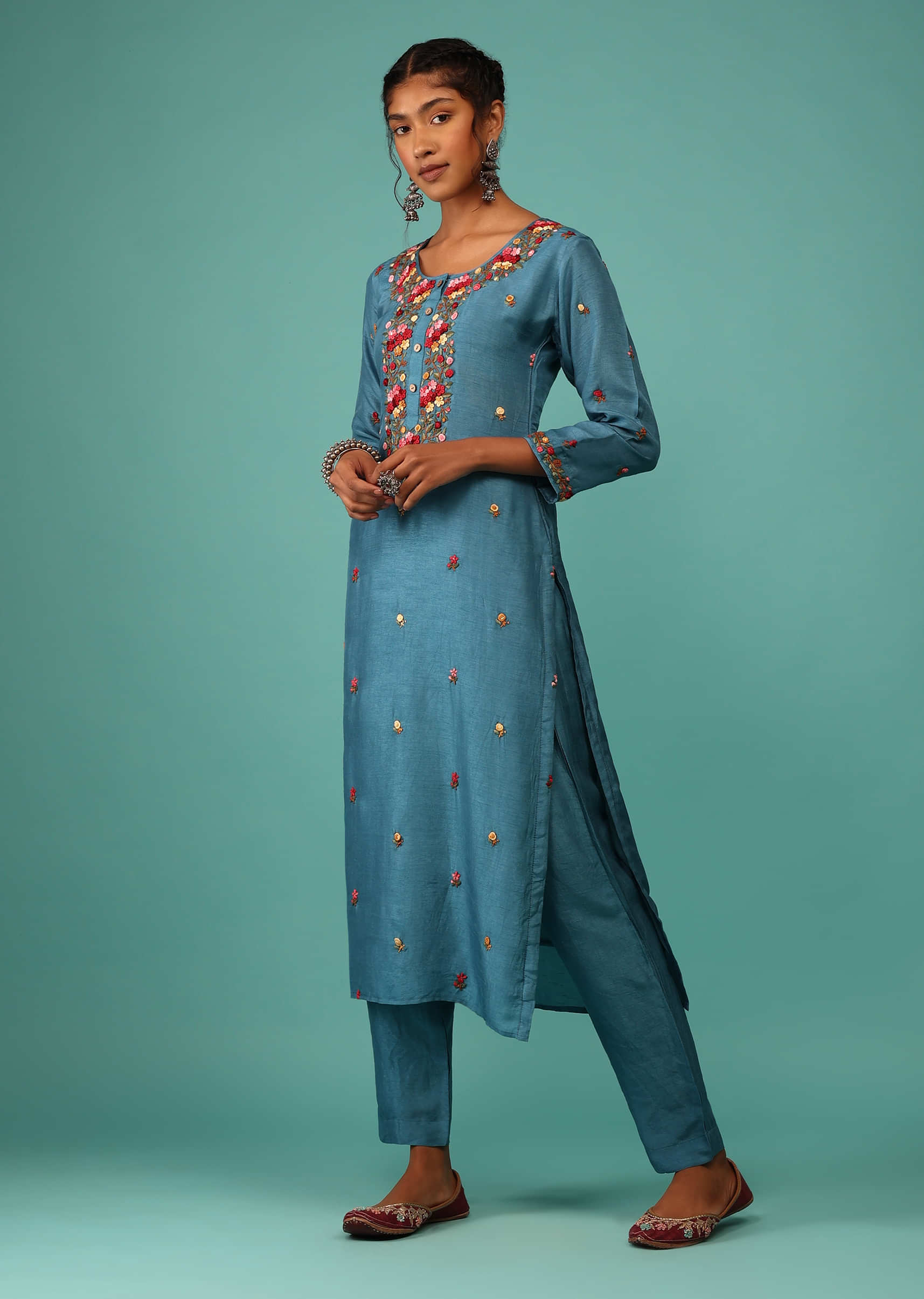 Sea Blue Kurta Set In Dola Silk With Kashmiri Thread Embroidery & 3D Floral Work