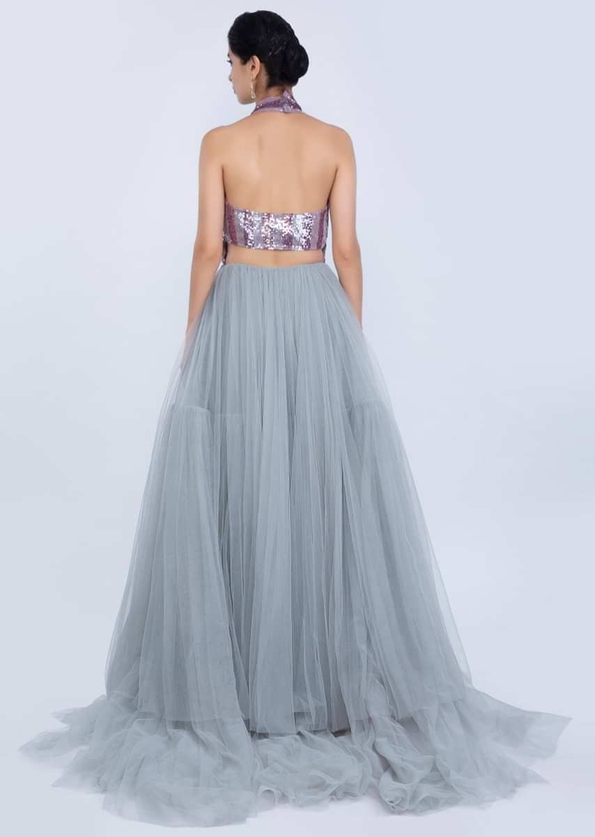 Bluish Grey Gown With Halter Neck Bustier Style And Embroidery Work Online - Kalki Fashion