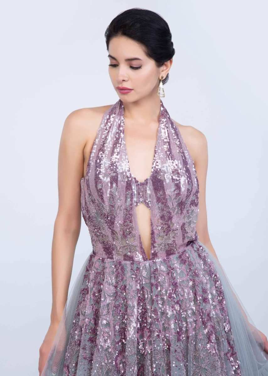 Bluish Grey Gown With Halter Neck Bustier Style And Embroidery Work Online - Kalki Fashion