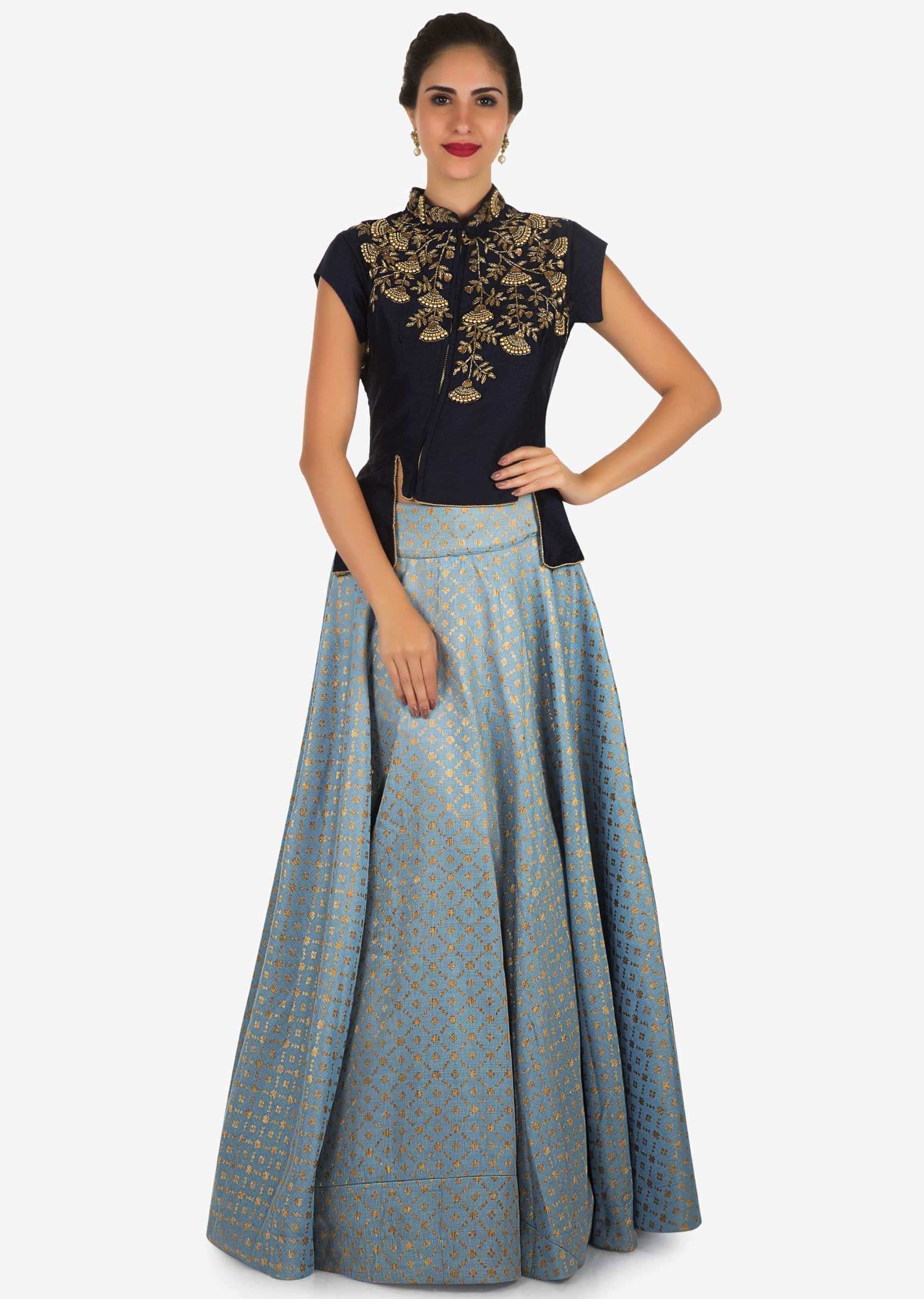 Bluish grey skirt with navy blue blouse enhanced in moti and cut dana embroidery work only on Kalki
