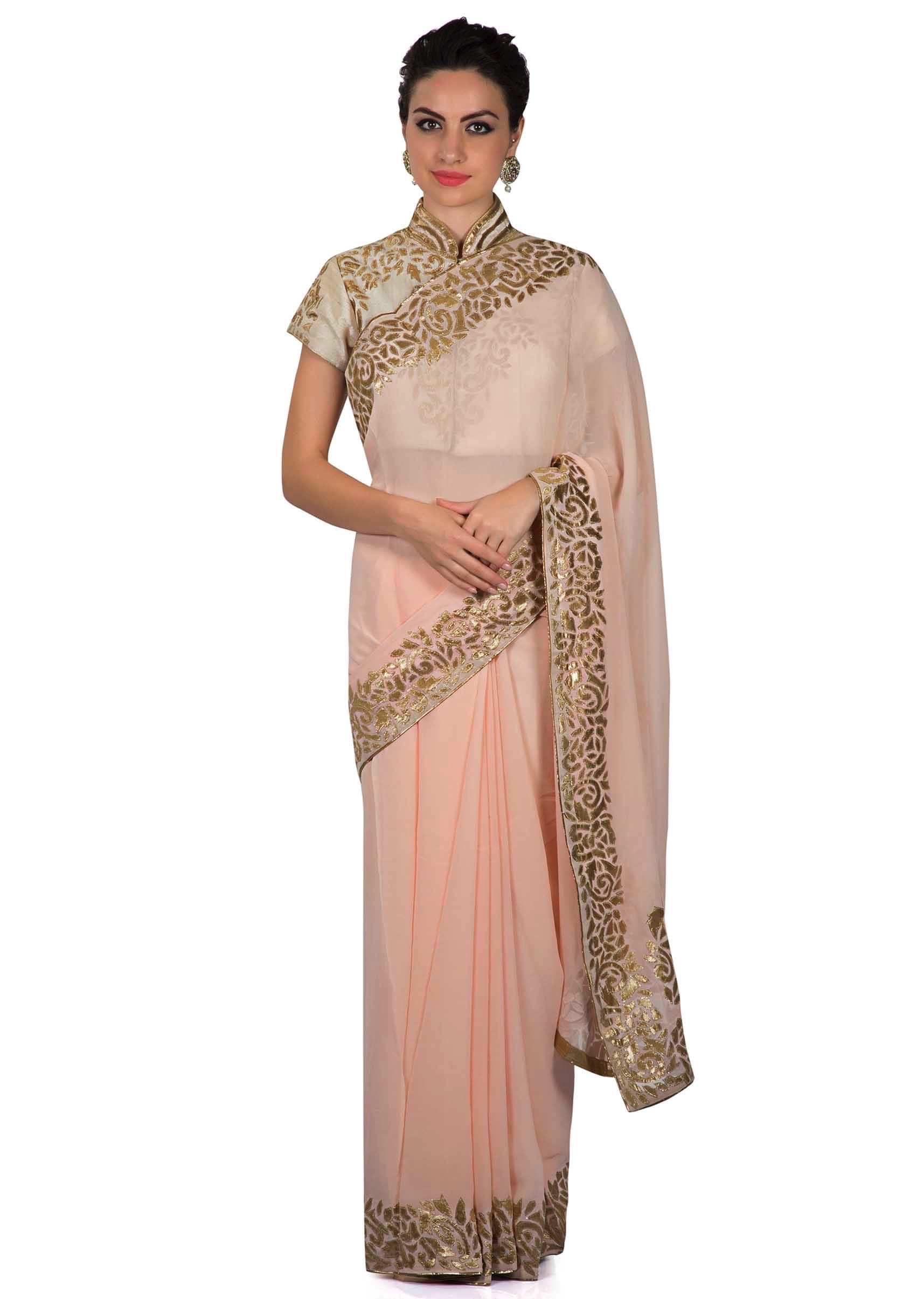Blush peach saree in applique embroidery only on Kalki
