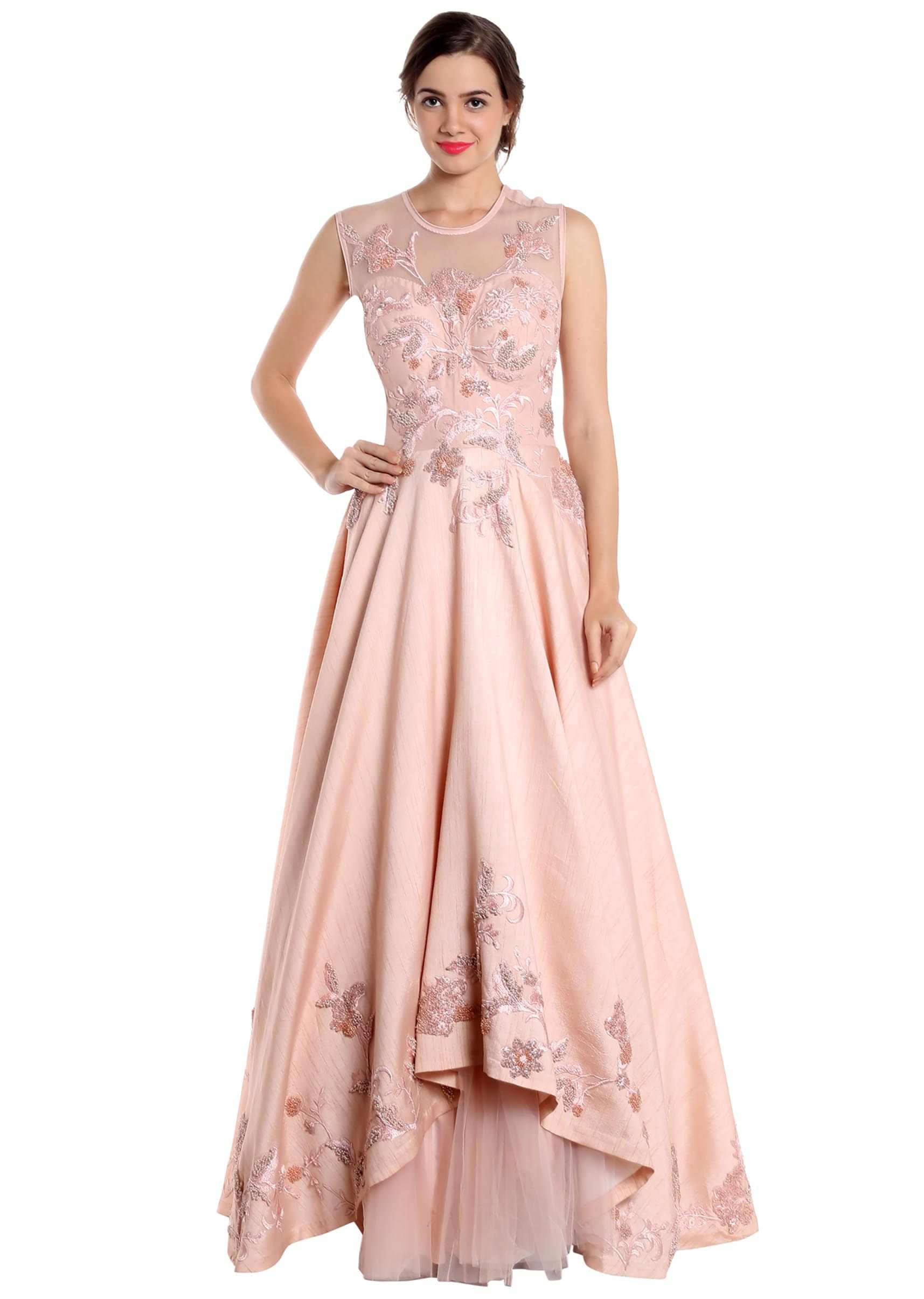 Blush pink gown adorned with pearl only on Kalki