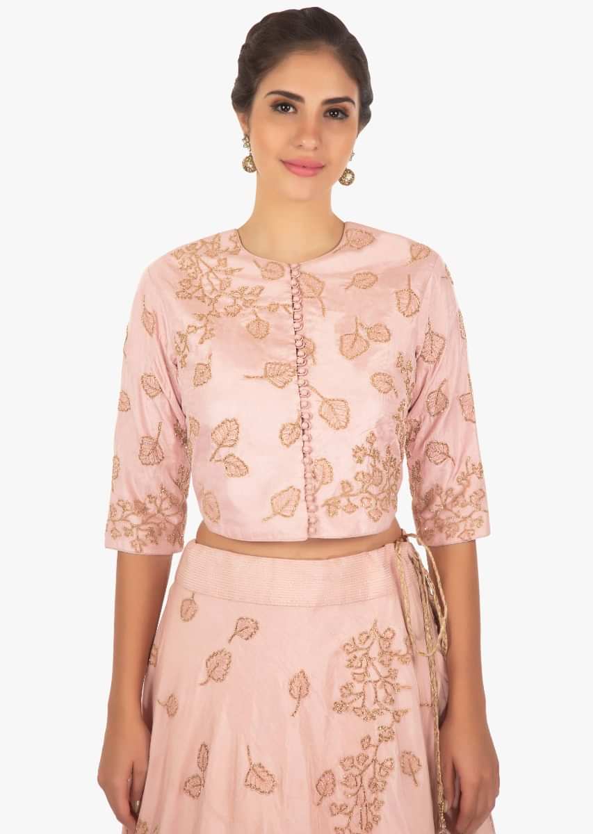 Blush pink raw silk lehenga with a matching blouse and a jacket only on Kalki
