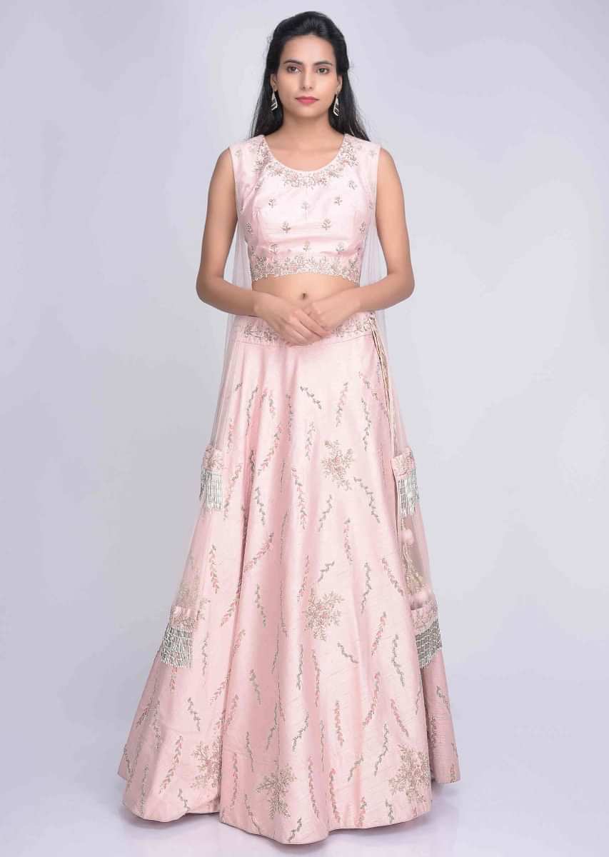 Blush Pink Lehenga Choli In Raw Silk With Attatched Net Cape Online - Kalki Fashion