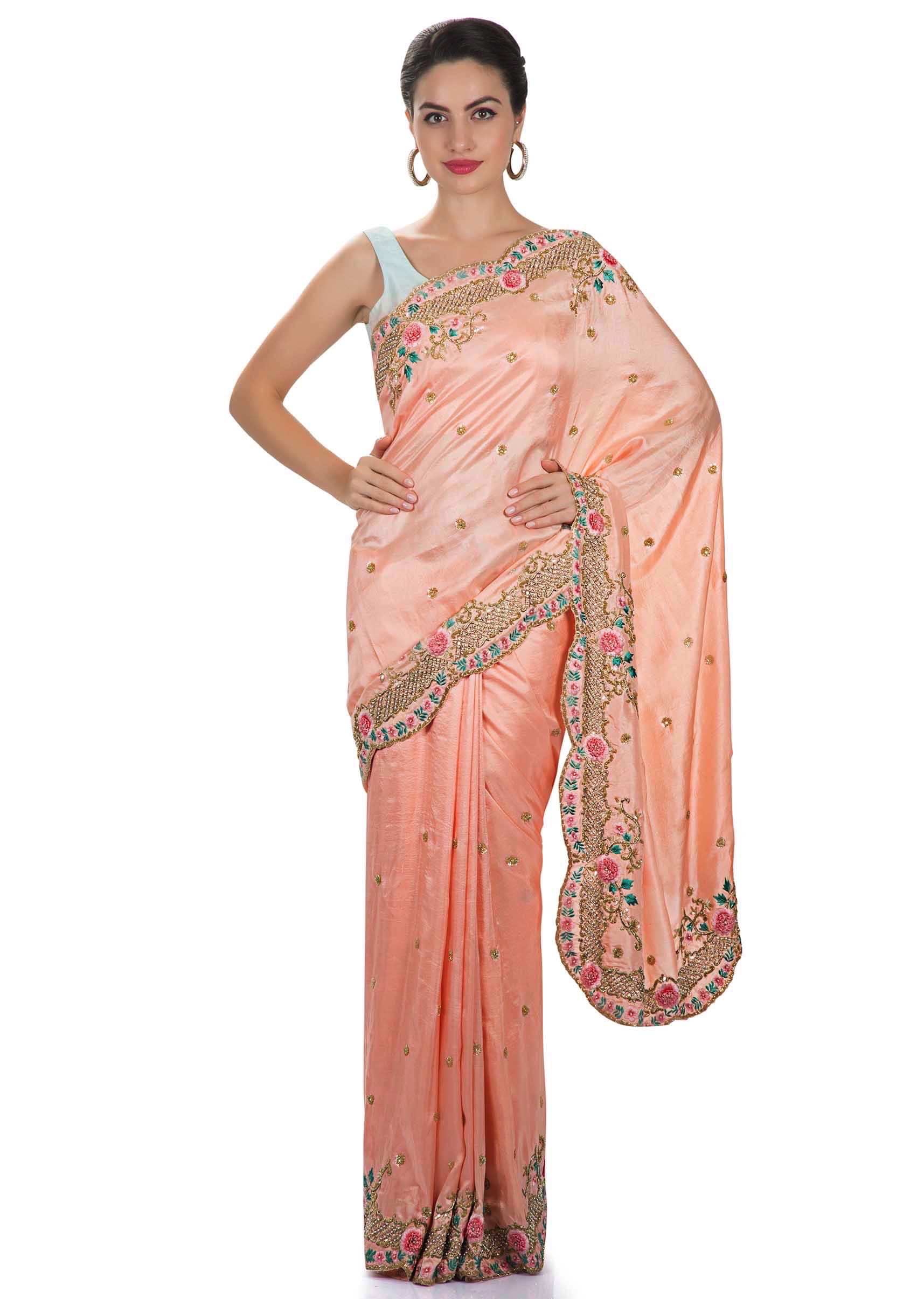 Blush pink satin chiffon saree with resham and zardosi flower pattern only on Kalki