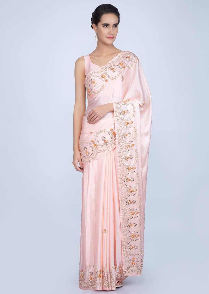 Blush pink satin saree with embroidered butti and border only on Kalki