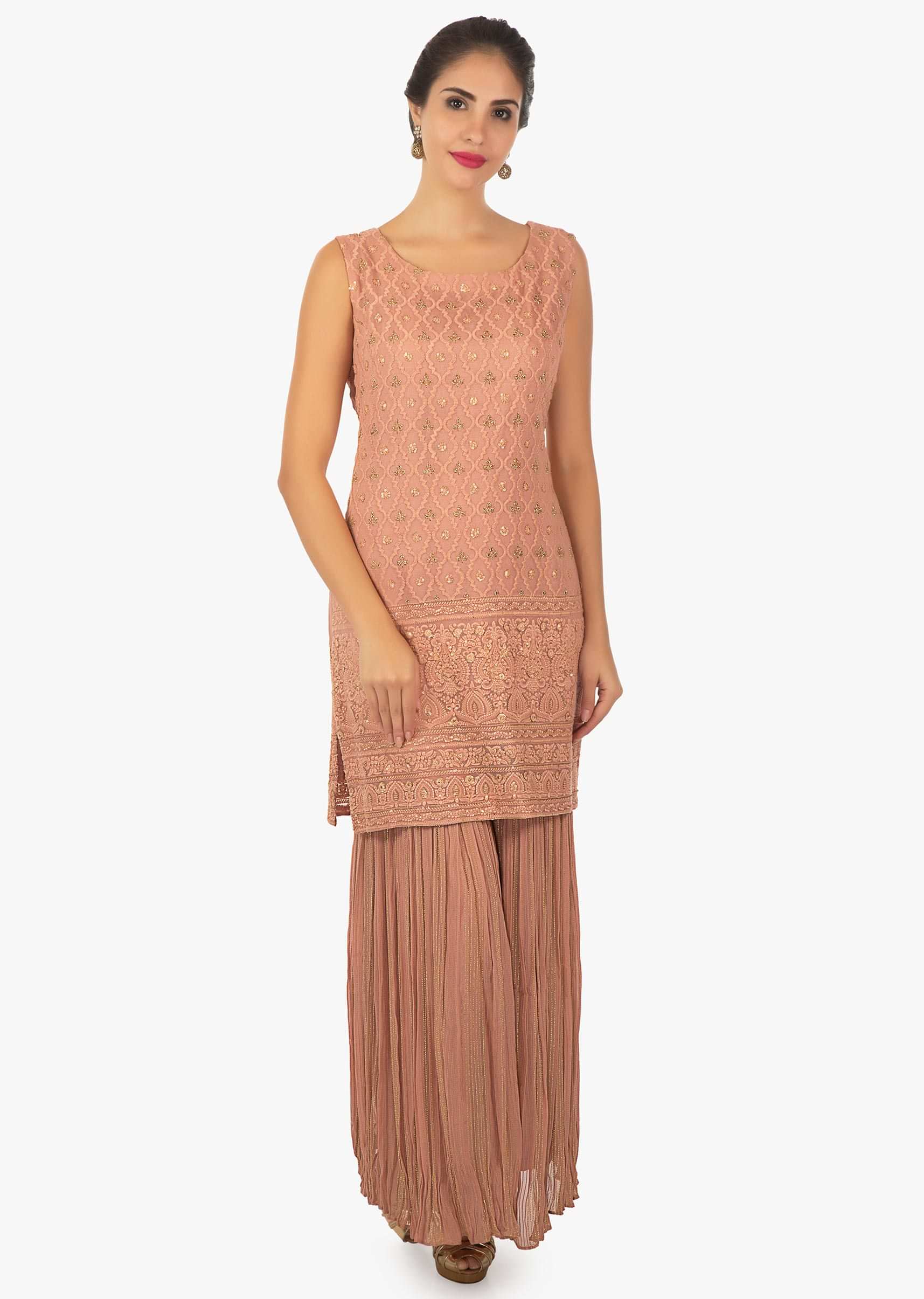 Blush red crushed georgette  kurti with sharara pant only on Kalki