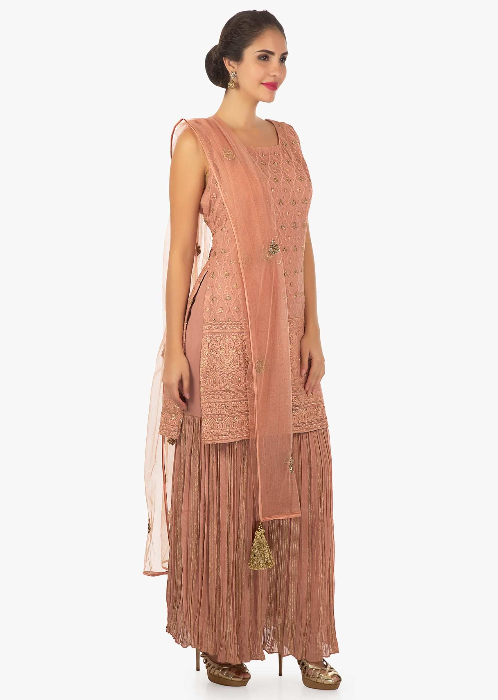 Blush red crushed georgette  kurti with sharara pant only on Kalki
