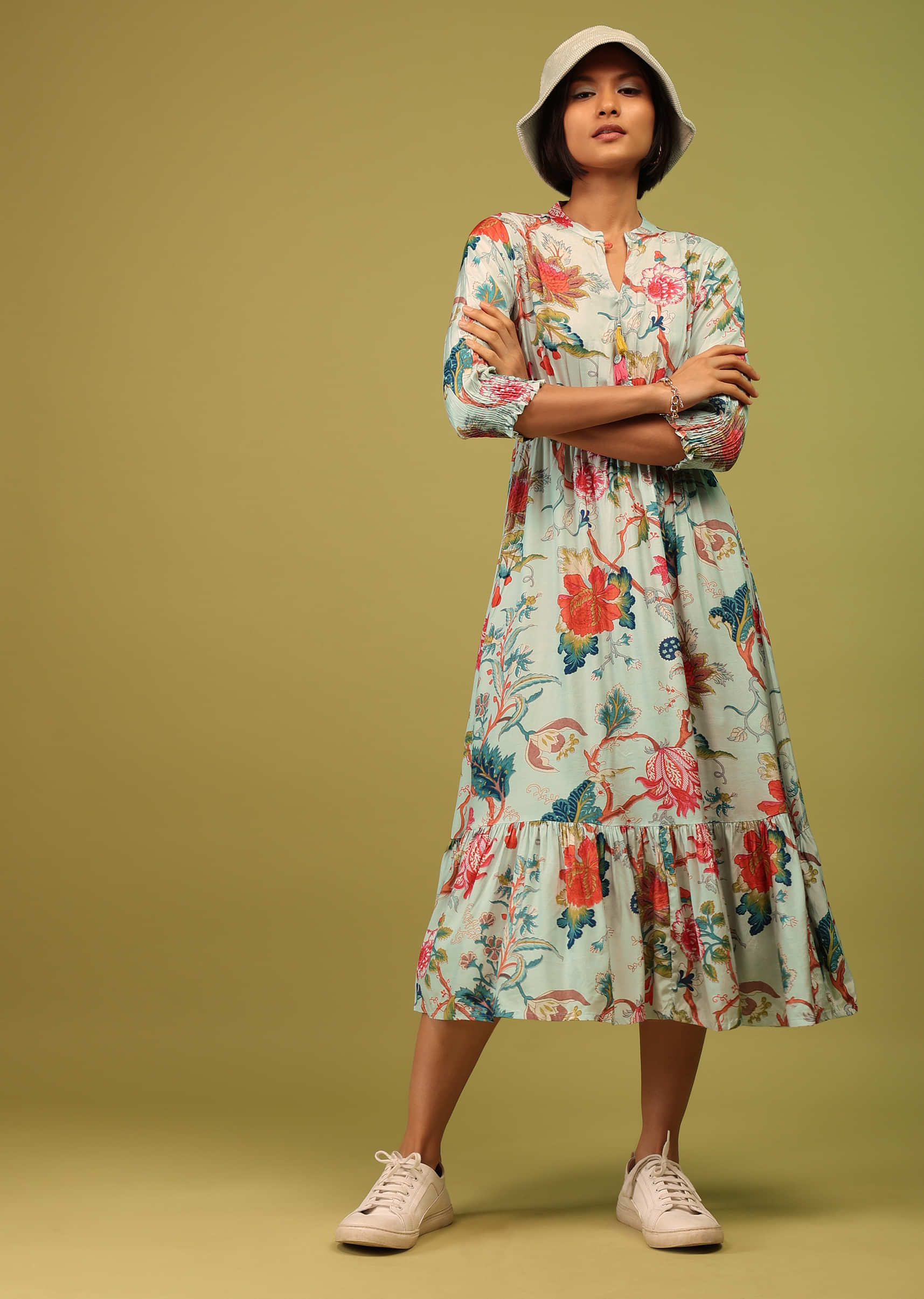 Blush Blue Tiered Dress In Cotton Silk With Multicolor Floral Jaal Print Online - RE By Kalki