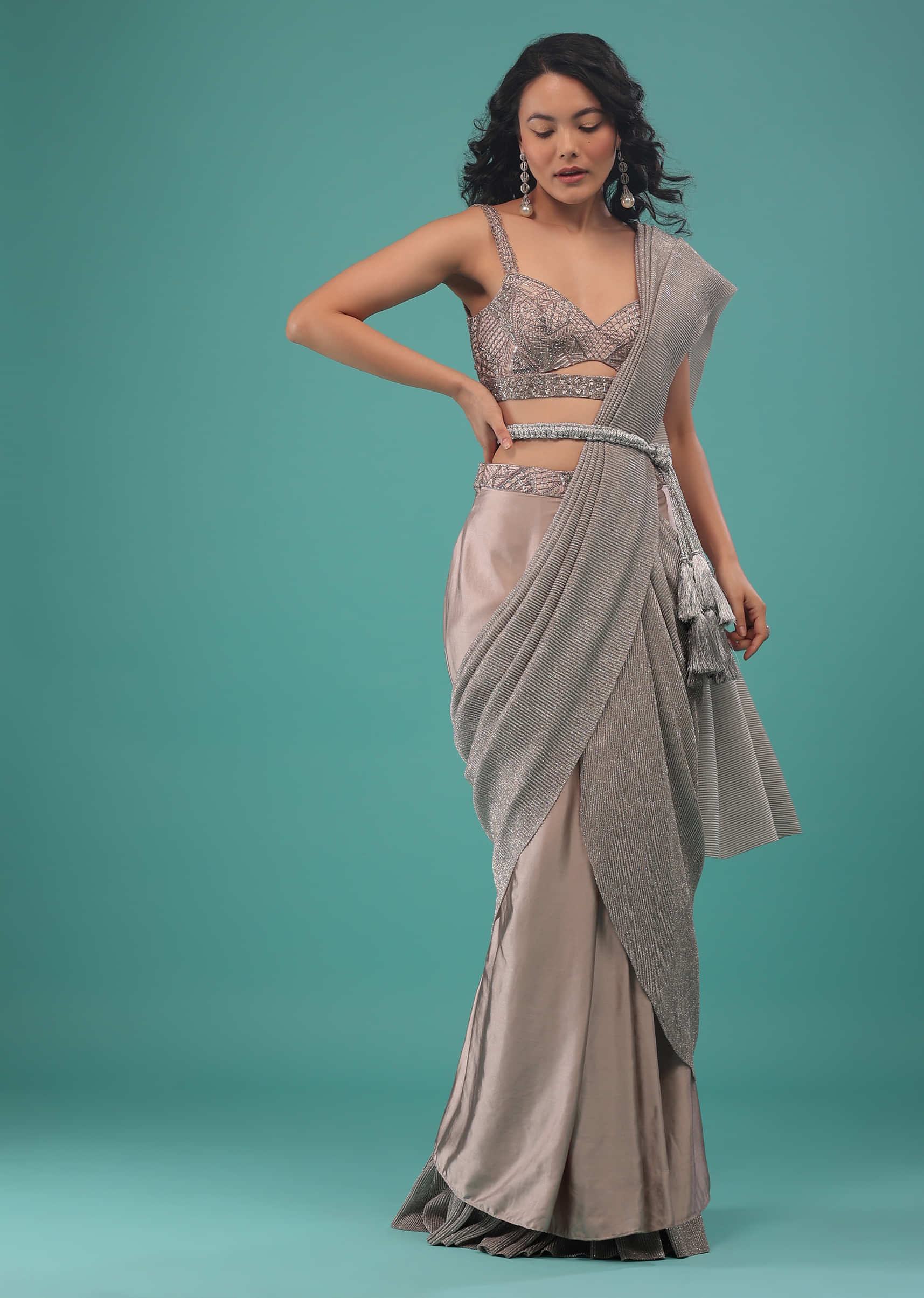 Blush Pink Embroidered Ready-Pleated Saree In Shimmer Crush And Satin