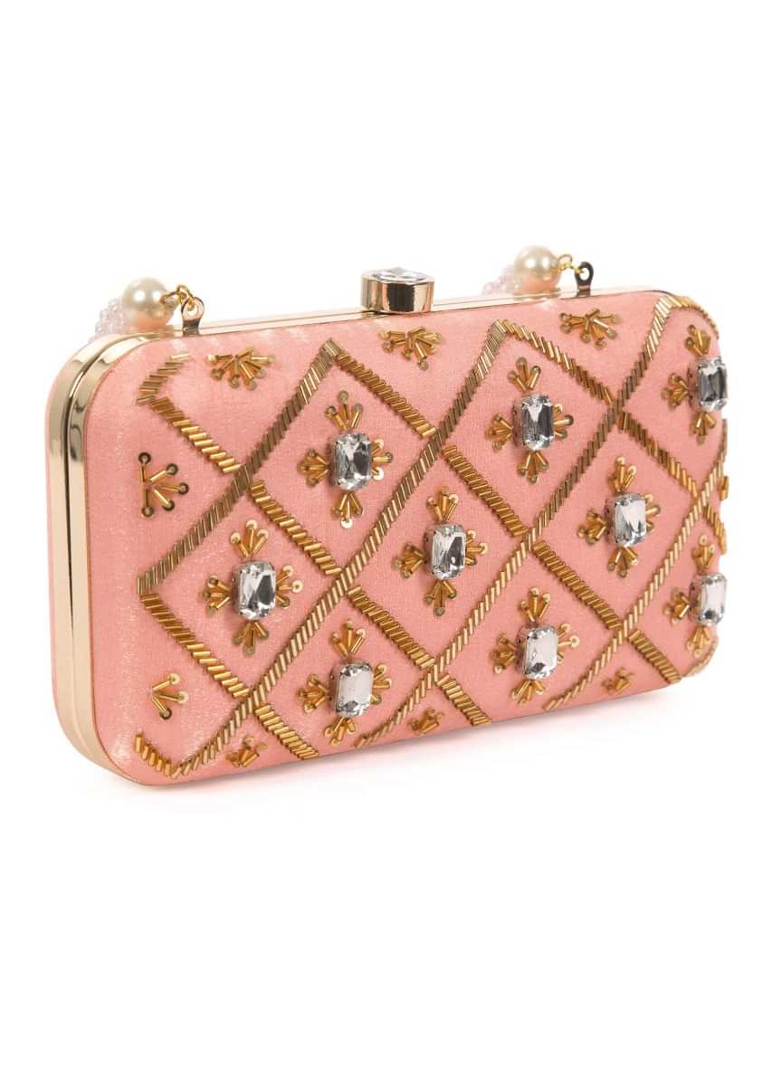 Blush pink hand embroidered capsule clutch