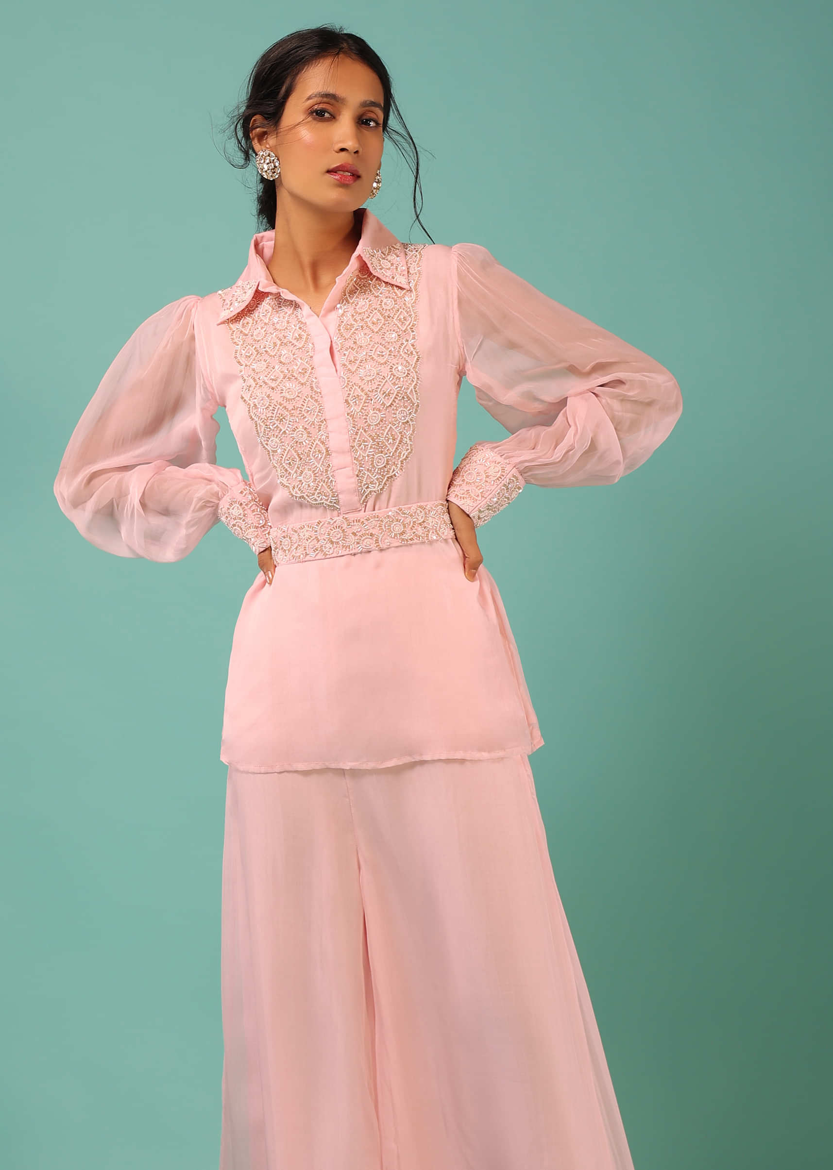 Blush Pink Palazzo Suit With Cut Dana And Moti Embroidered Short Kurti Featuring Balloon Sleeves