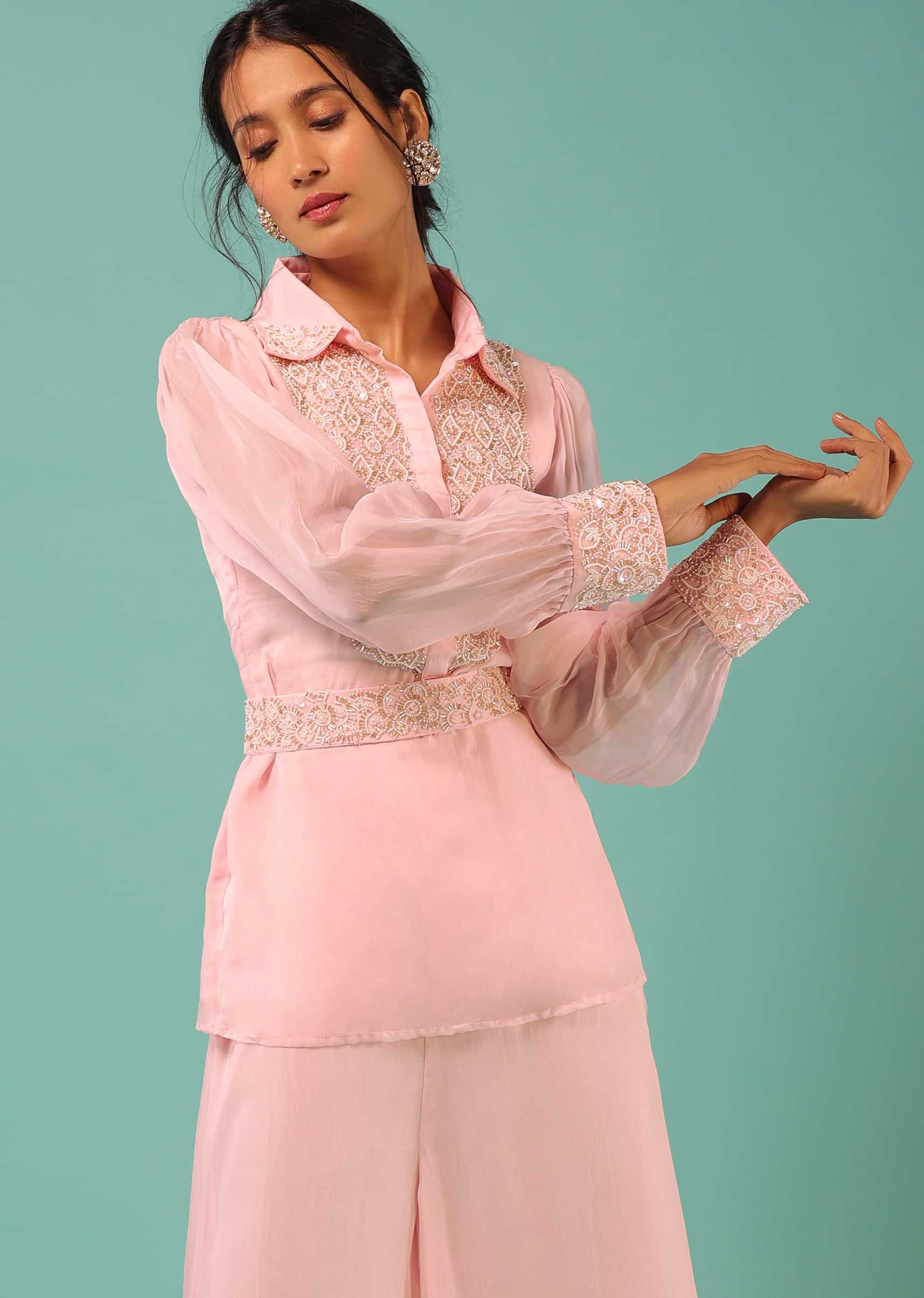Blush Pink Palazzo Suit With Cut Dana And Moti Embroidered Short Kurti Featuring Balloon Sleeves
