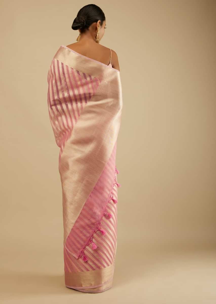 Blush Pink Saree In Organza Silk With Brocade Woven Diagonal Striped Design And Unstitched Blouse  