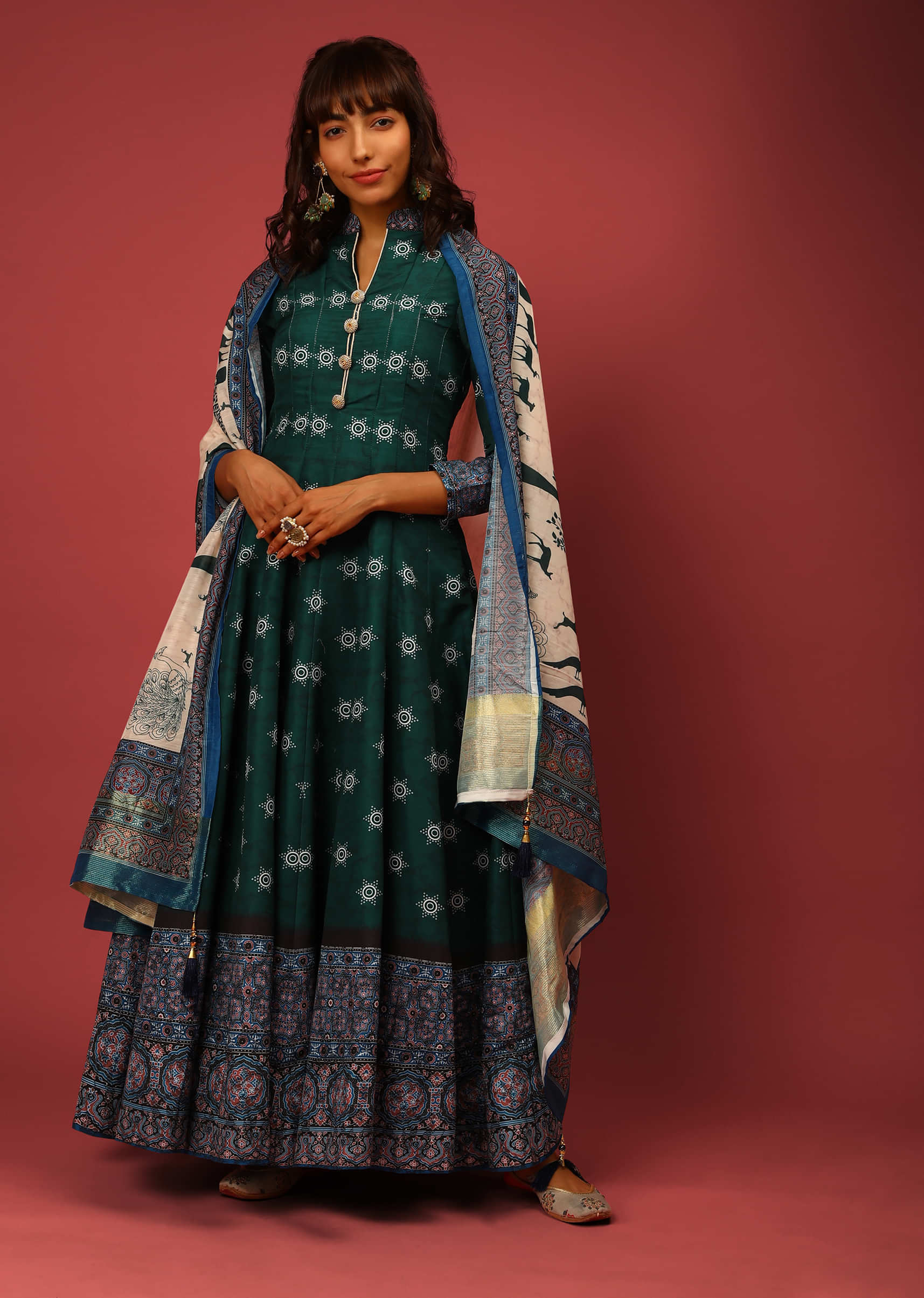 Bottle Green Anarkali Suit In Silk With Bandhani Buttis And Contrasting Black And Blue Border With Ethnic Print  