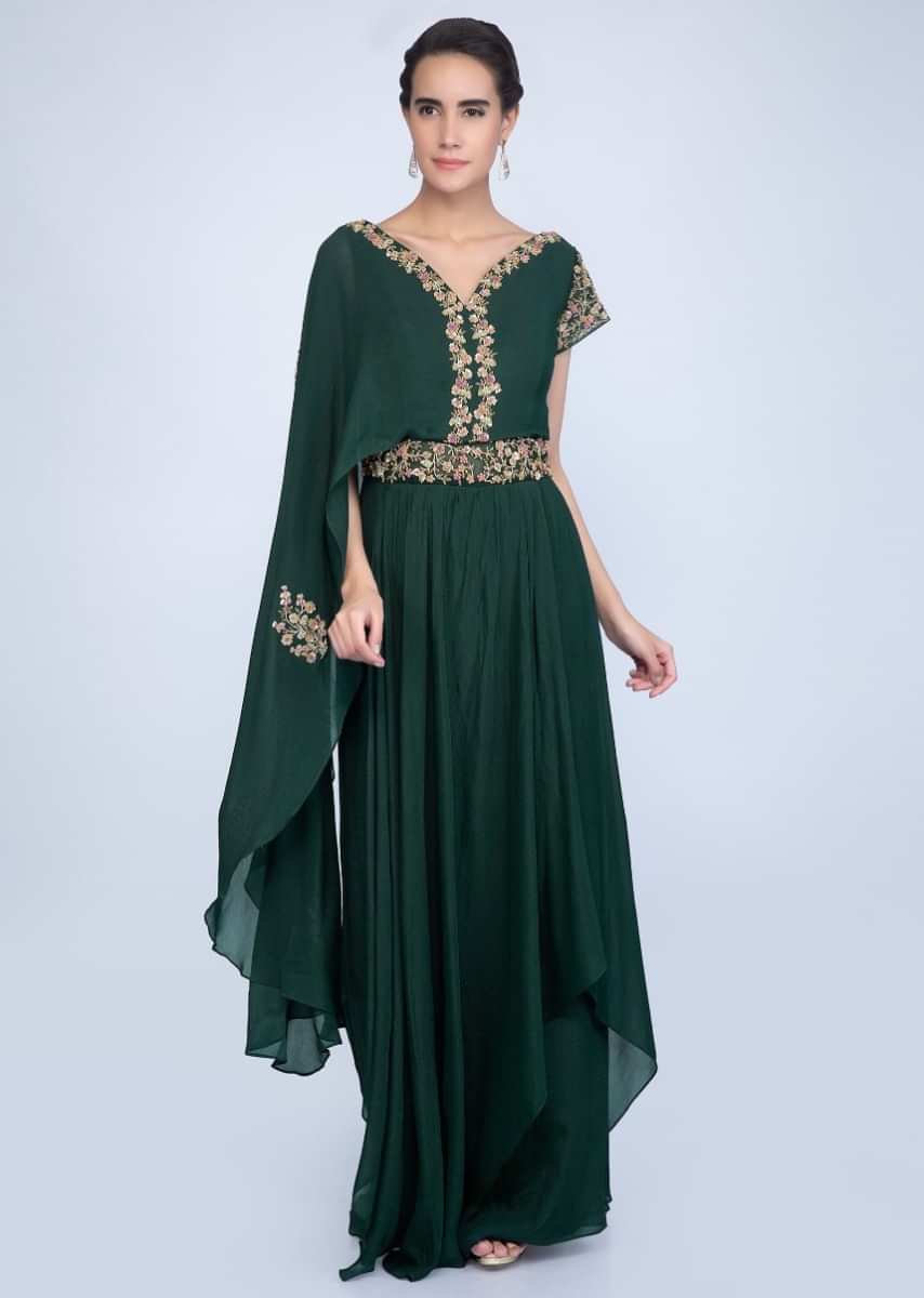 Bottle Green Jumpsuit With Additional Flared Layer On One Shoulder And Embroidery Work Online - Kalki Fashion