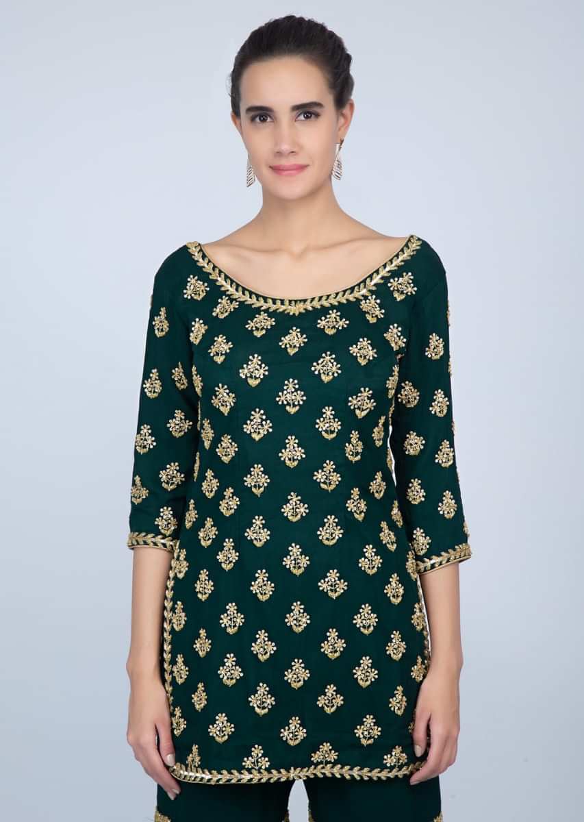 Bottle Green Georgette Sharara Suit With Embroidered Butti Only On Kalki Online - Kalki Fashion