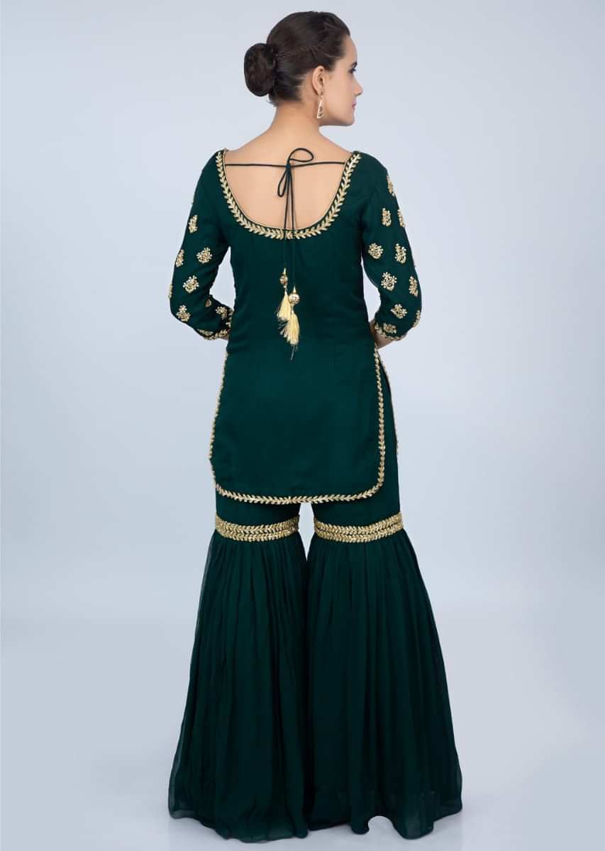 Bottle Green Georgette Sharara Suit With Embroidered Butti Only On Kalki Online - Kalki Fashion