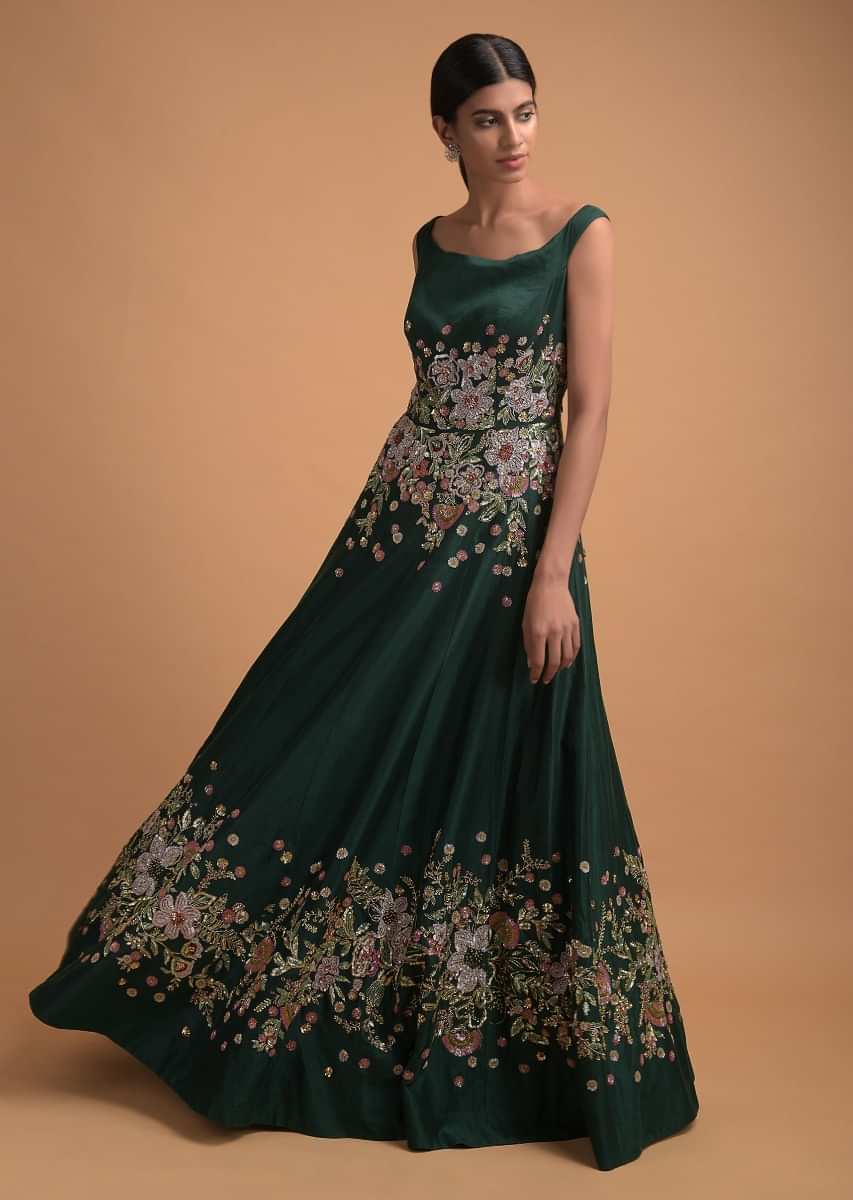 Buy Bottle Green Indowestern Gown With Sequins And Zardozi Embroidered ...