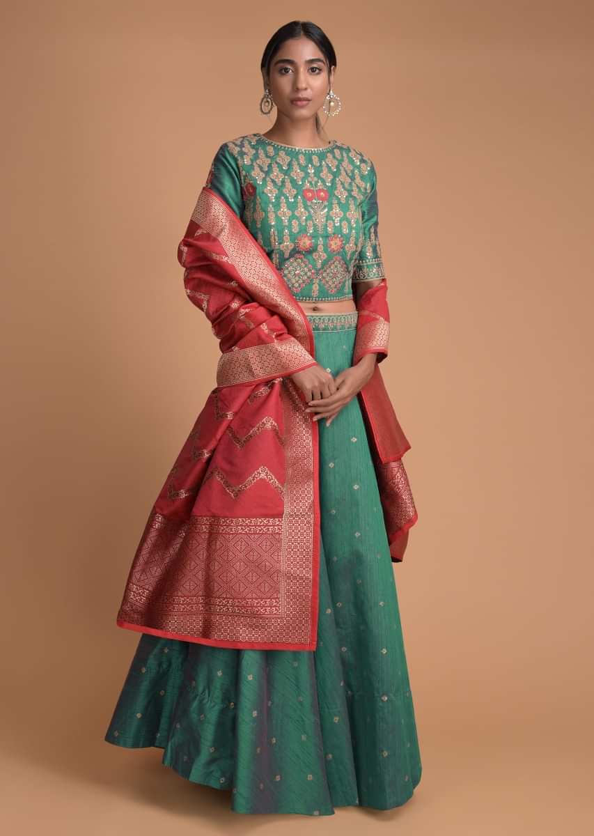 Shaded Green Ajrakh Print Lehenga with Stylish Red Top | Mamatha Tulluri