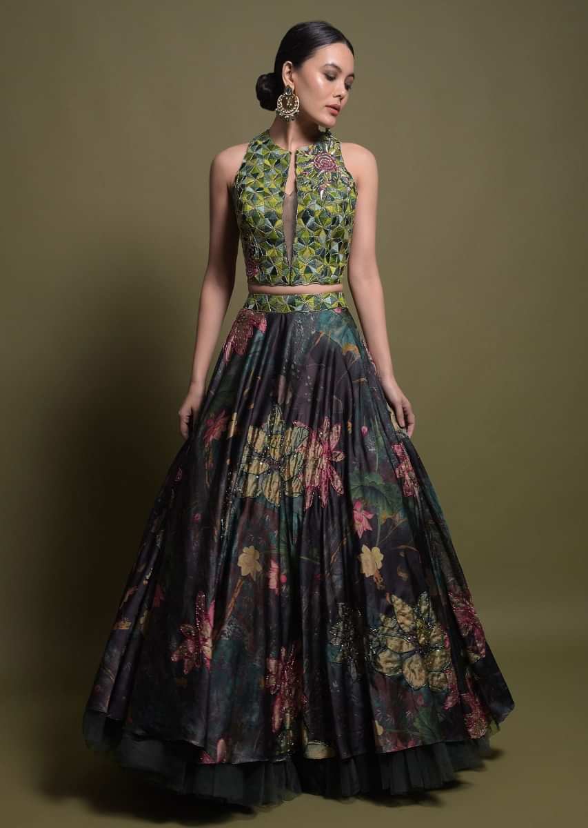 Buy Bottle Green Lehenga In Satin With Multi Color Floral Print And ...