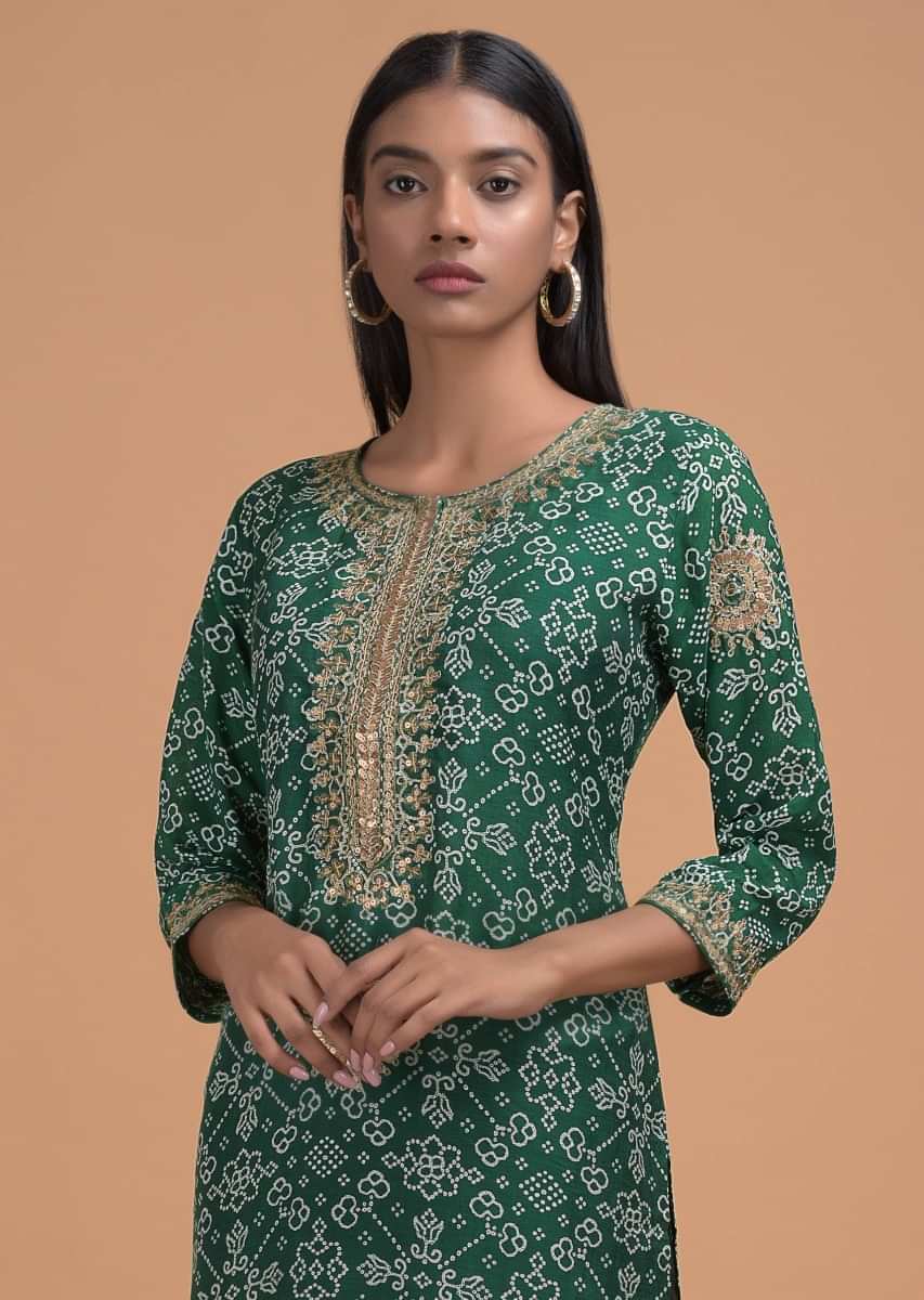 Buy Bottle Green Long Kurti In Santoon With Bandhani Print All Over ...